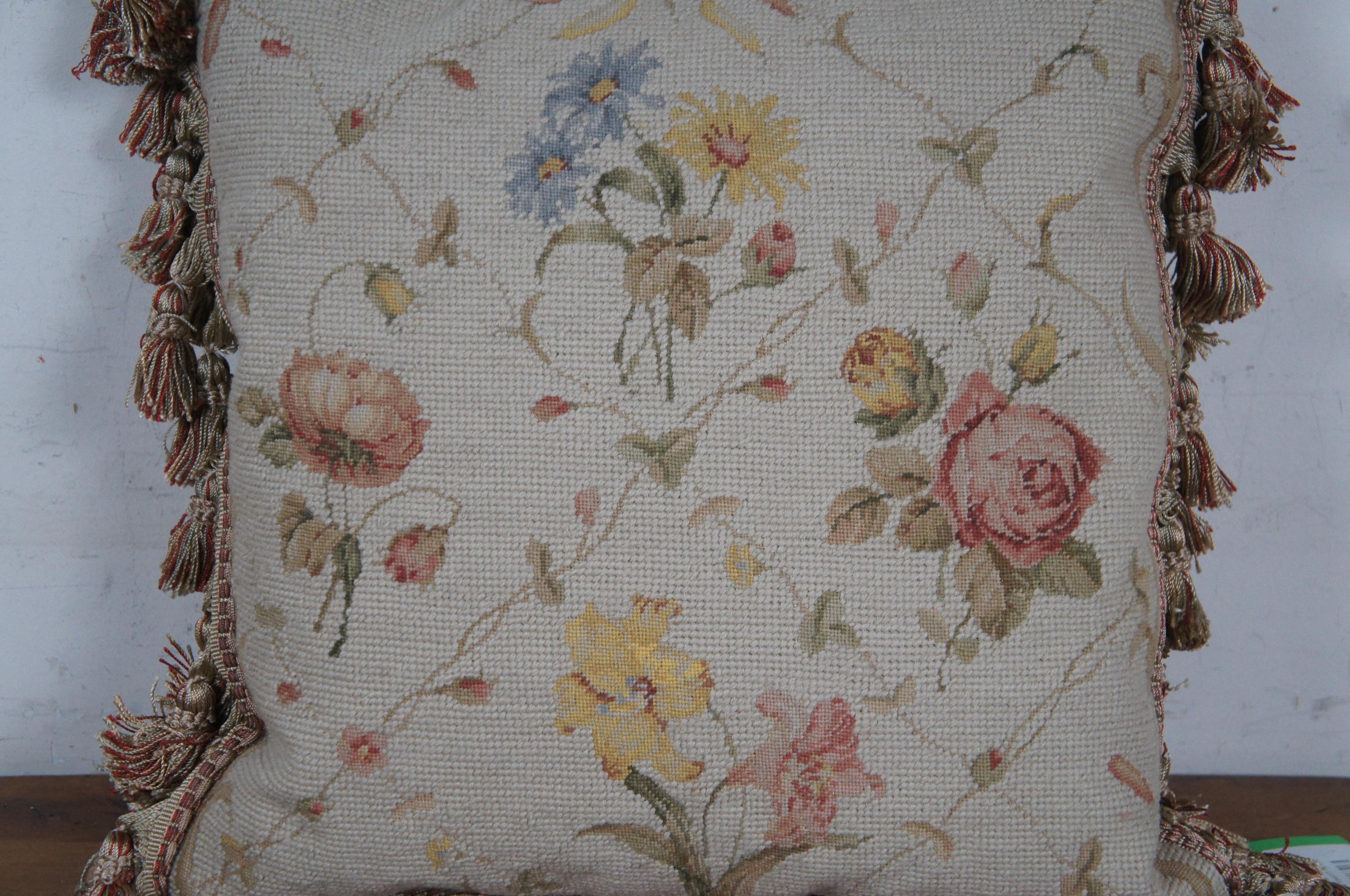 Down Filled Floral Rose Lily Daisy Needlepoint Tassel Lumbar Throw Pillow 16