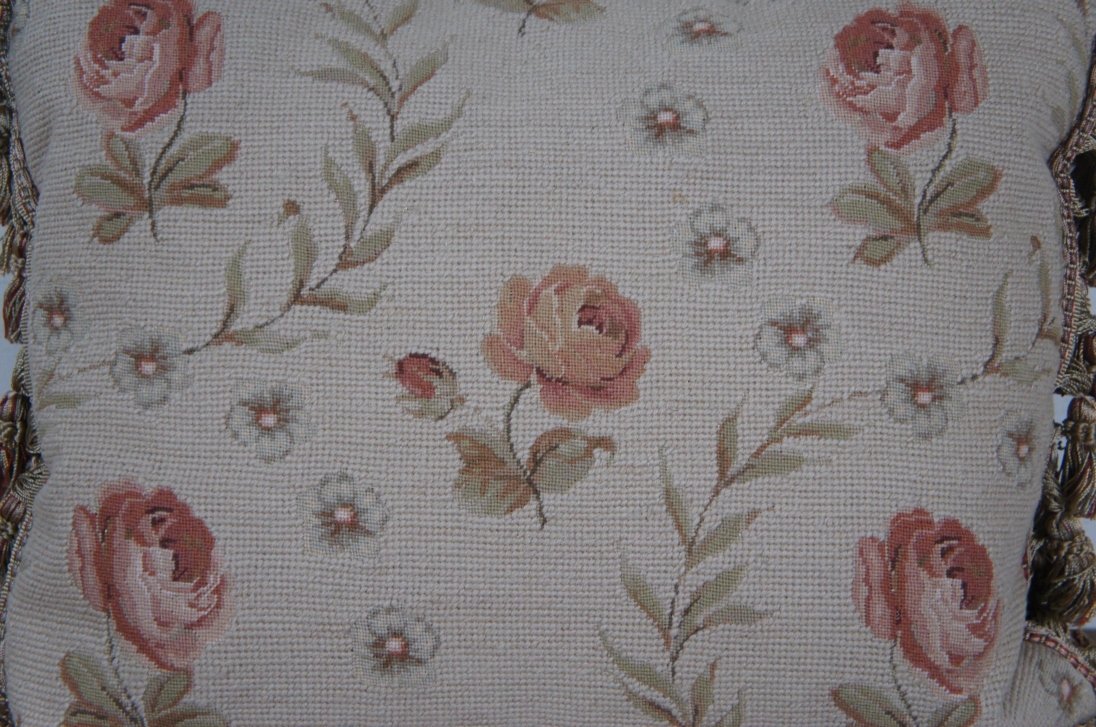 Textile Down Filled Floral Roses Needlepoint Tassel Lumbar Throw Pillow 16