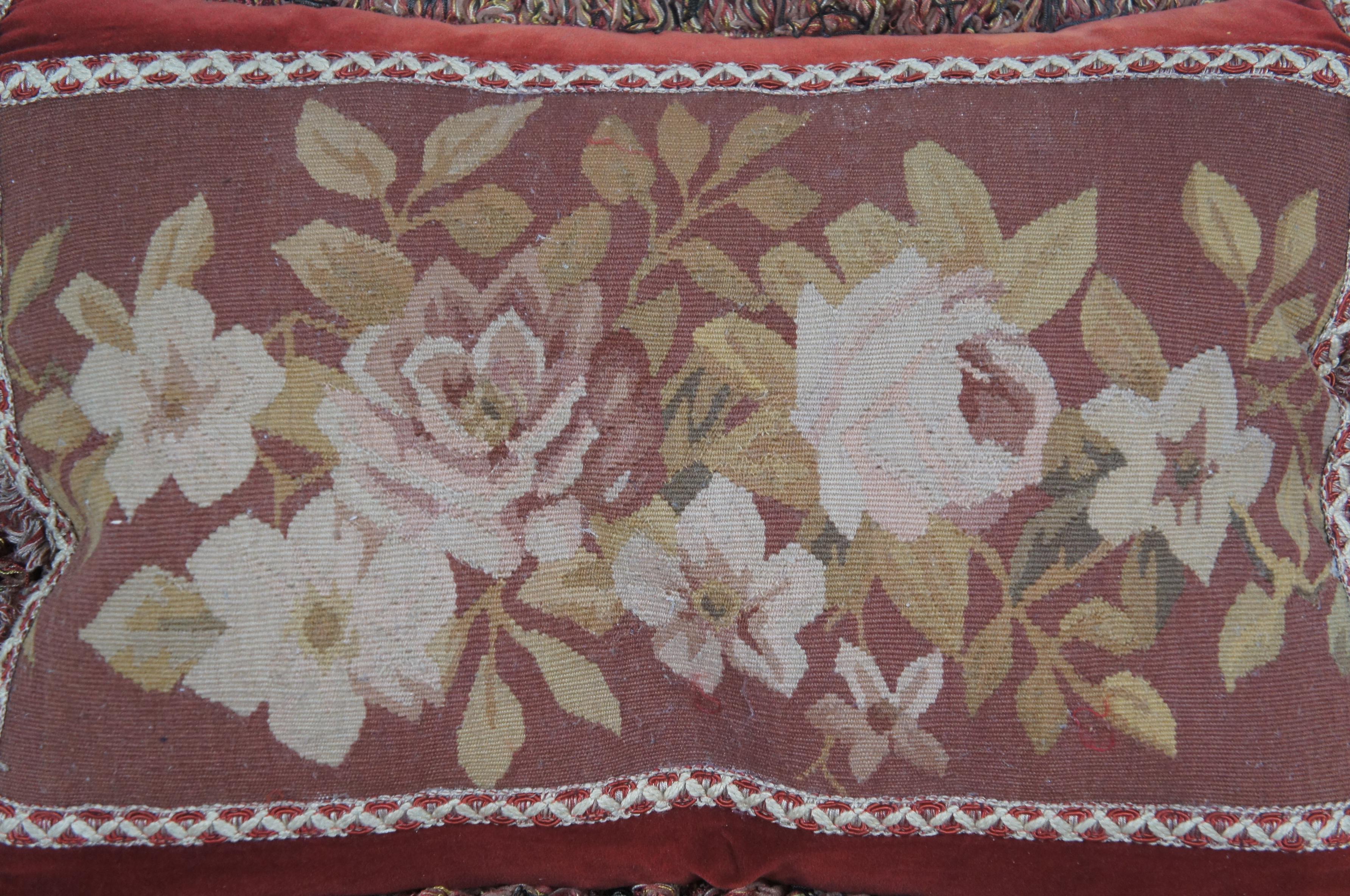 20th Century Down Filled Red Velvet Floral Rose Embroidered Lumbar Throw Pillow 18