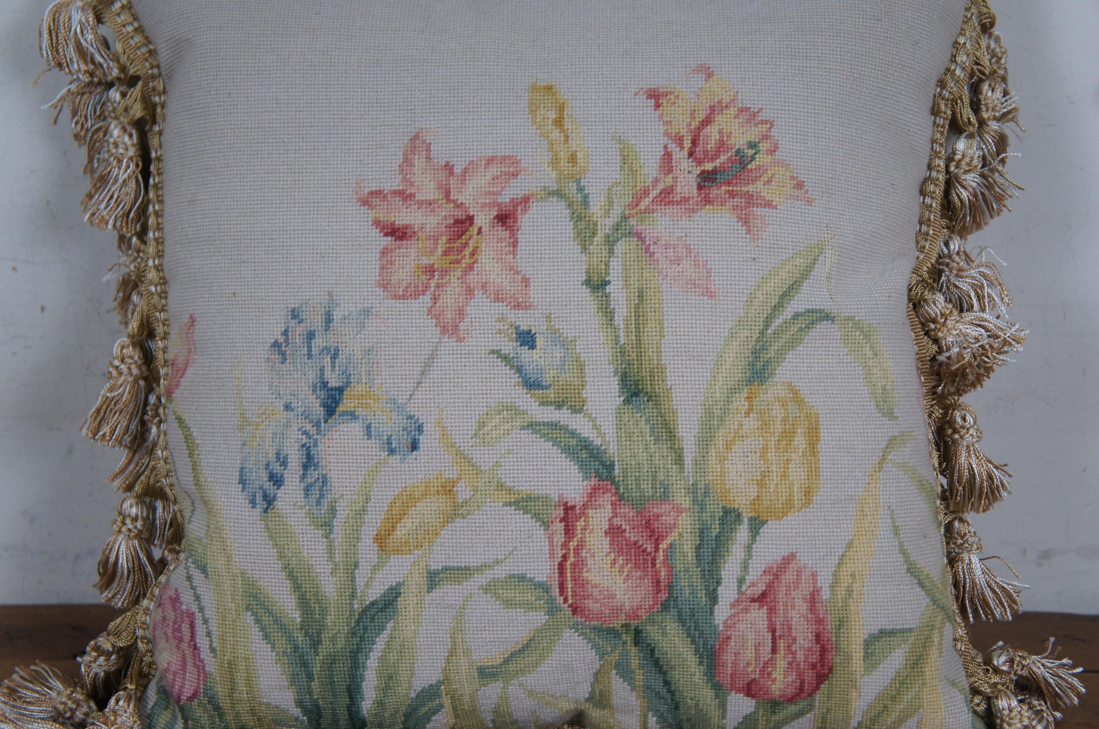 20th Century Down Filled Tulips Lilies Irises Needlepoint Tassel Lumbar Throw Pillow 16