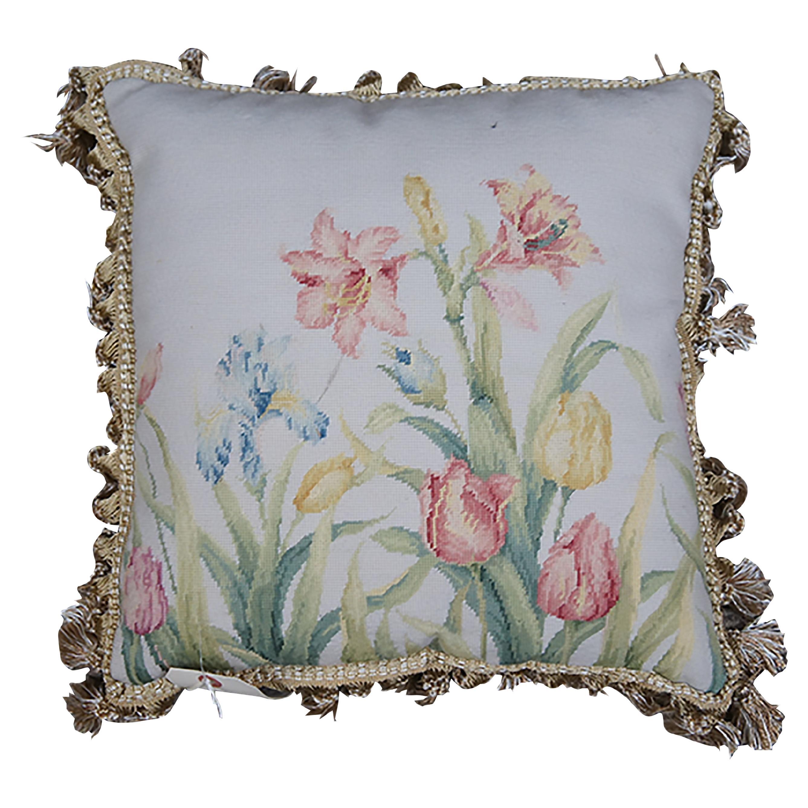 Down Filled Tulips Lilies Irises Needlepoint Tassel Lumbar Throw Pillow 16"