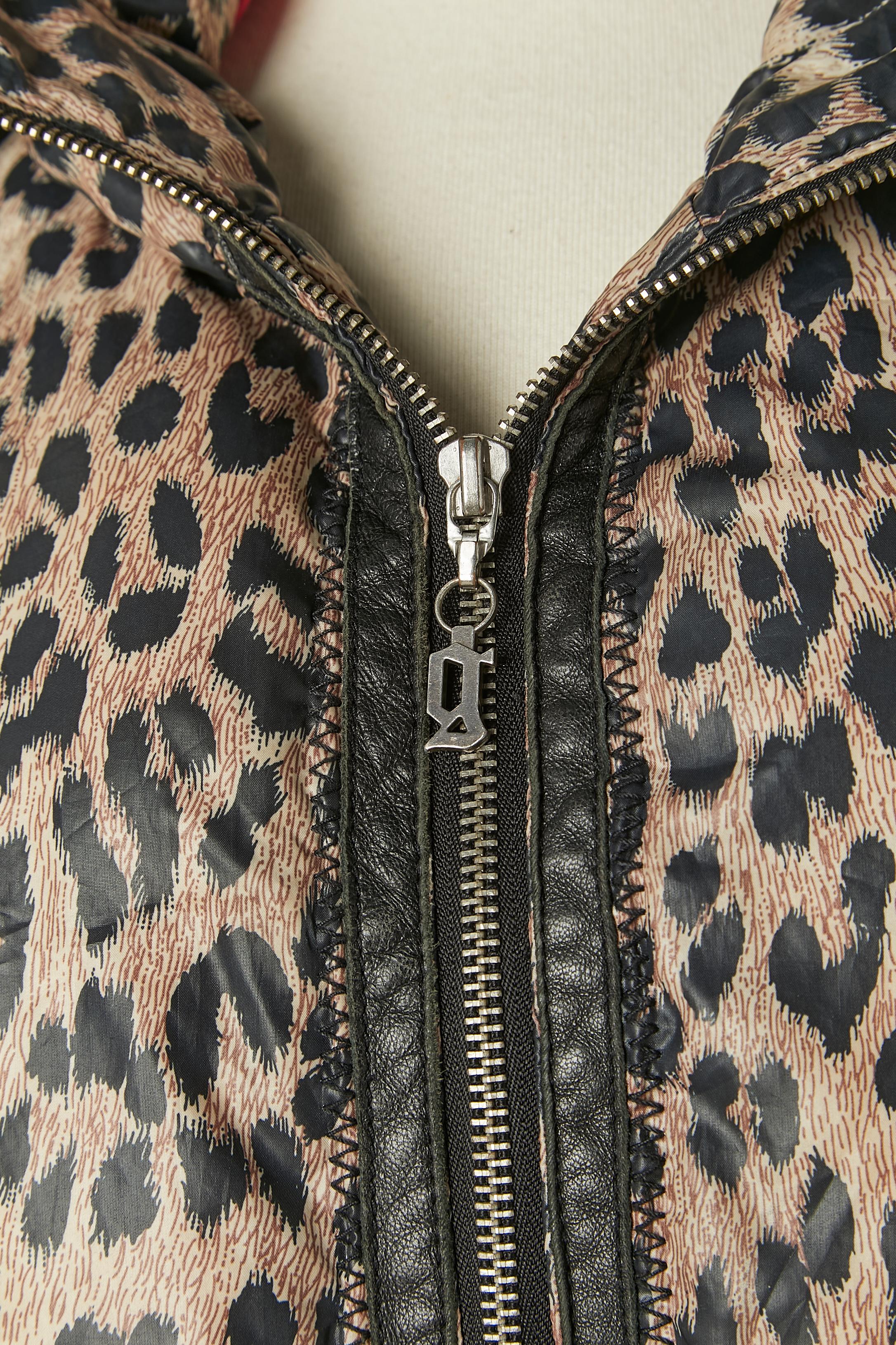 Black Down jacket with leopard print and hood with fur edge GALLIANO For Sale