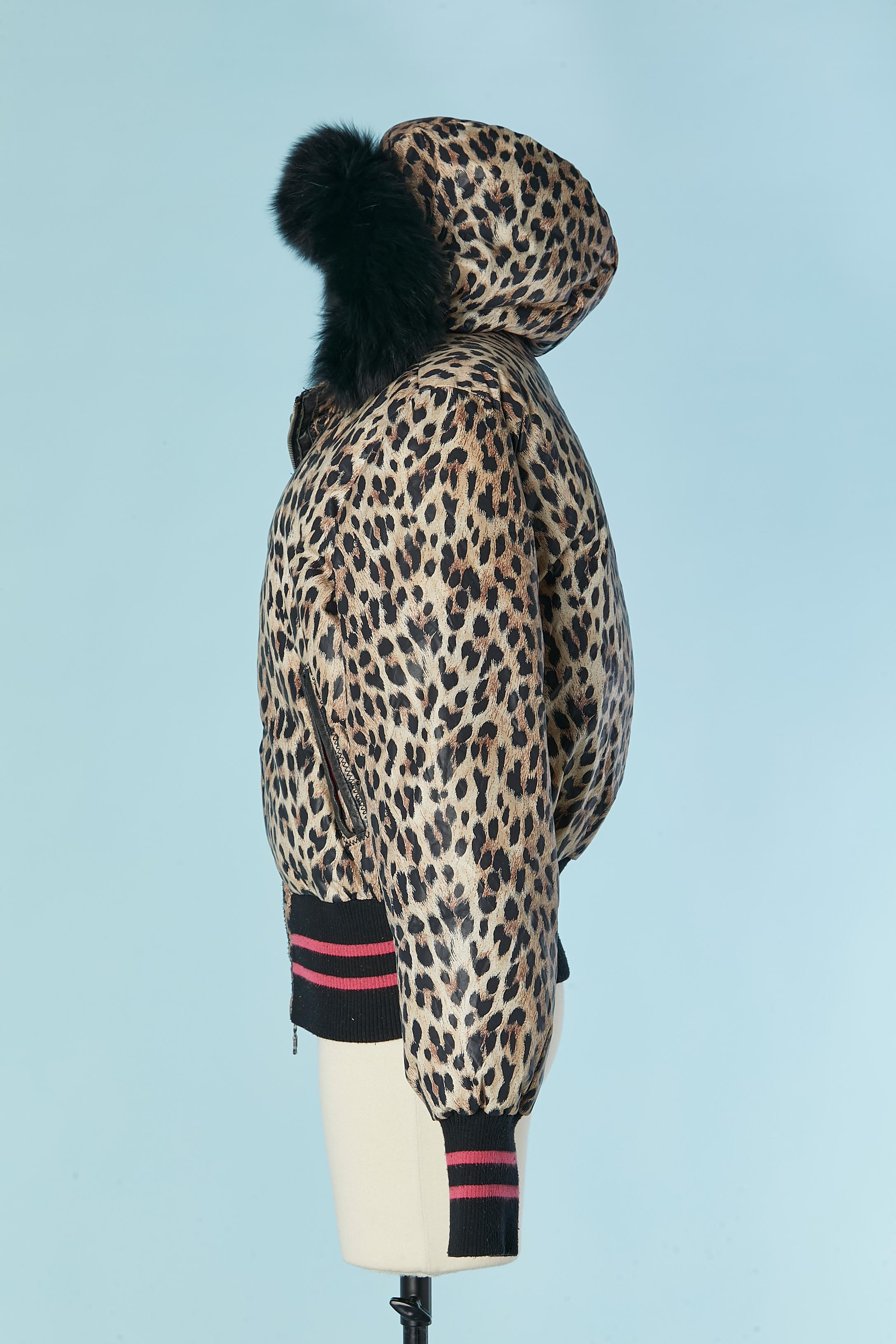 Down jacket with leopard print and hood with fur edge GALLIANO For Sale 1