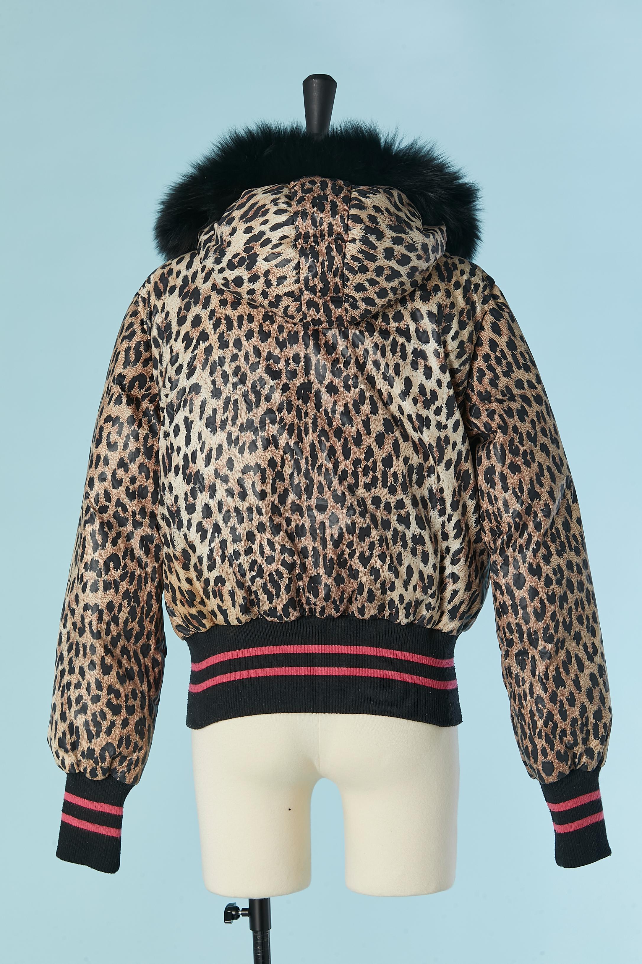 Down jacket with leopard print and hood with fur edge GALLIANO For Sale 2