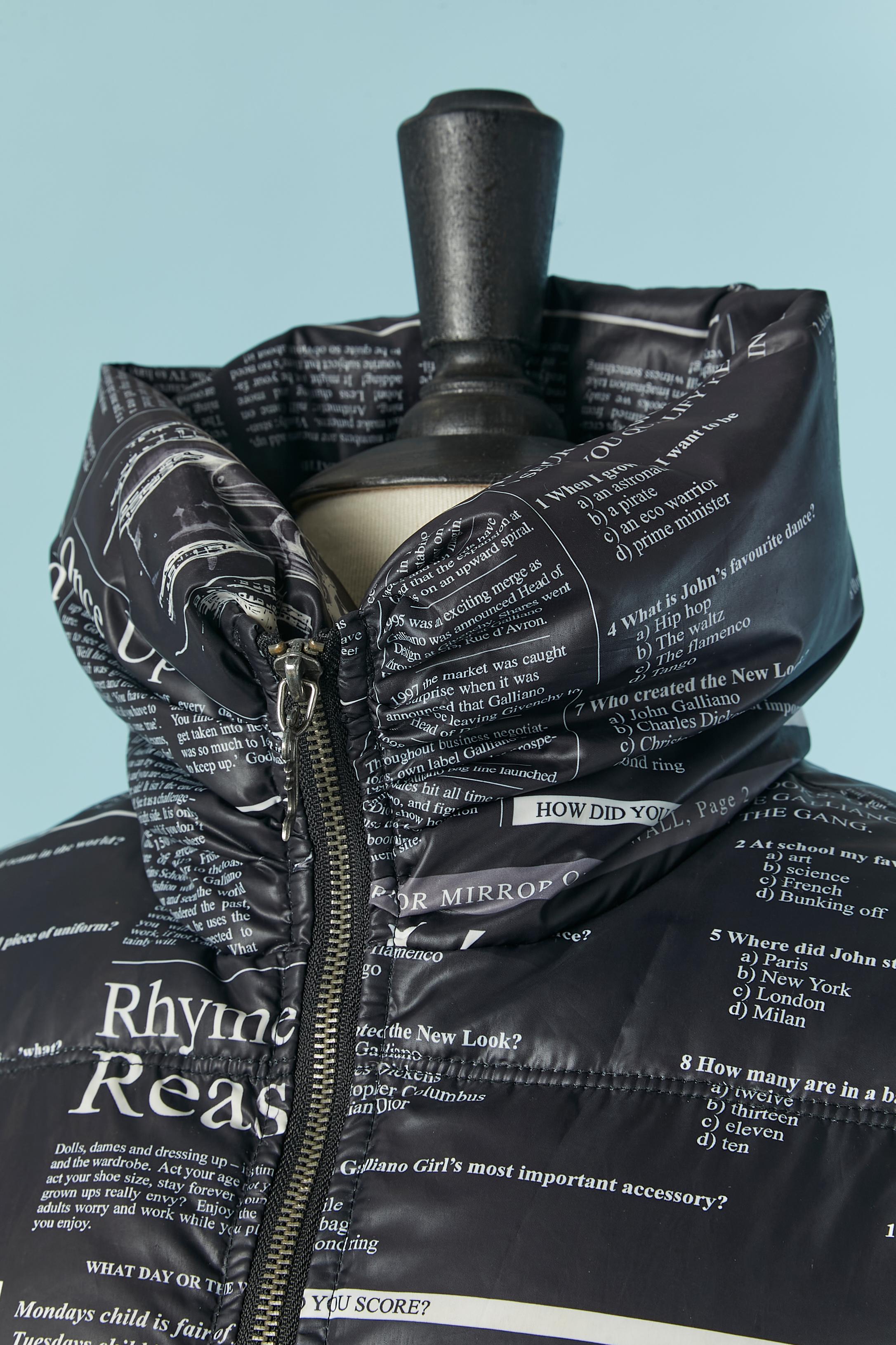 Down jacket with News paper print on. Shell and lining fabric composition: polyester. Filler: 90% goose down and 10% feather. Elastic waist. Zip closure on the middle front with branded zip puller. Pocket on both side.
SIZE 36 (Fr) S 