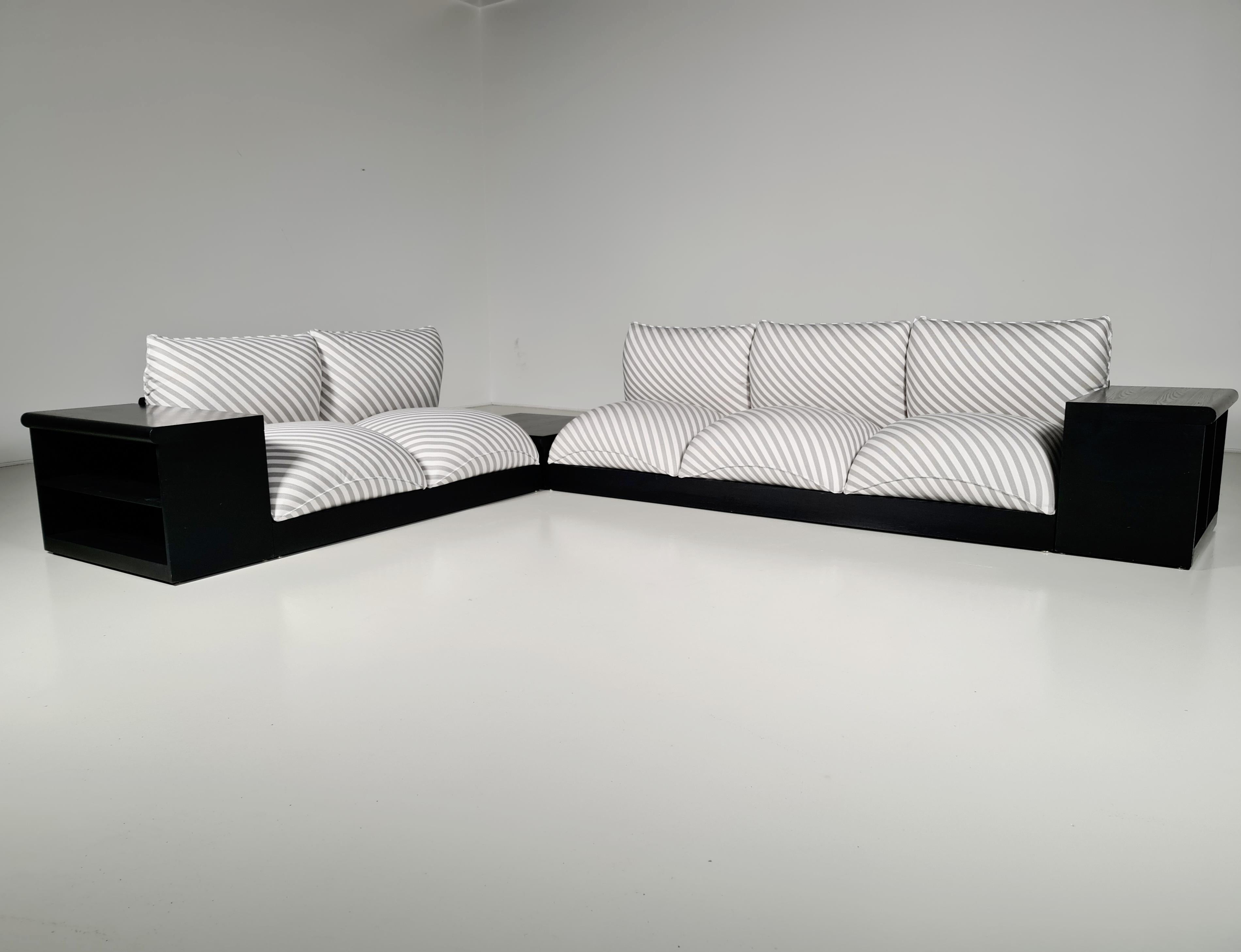 Carlo Bartoli Down (Blob) sofa set, 1970s, Italy.

The most amazing seating set is in excellent original condition. Reupholstered in a fantastic striped grey and white fabric. The base is made from black wood. The seats are firm and are filled