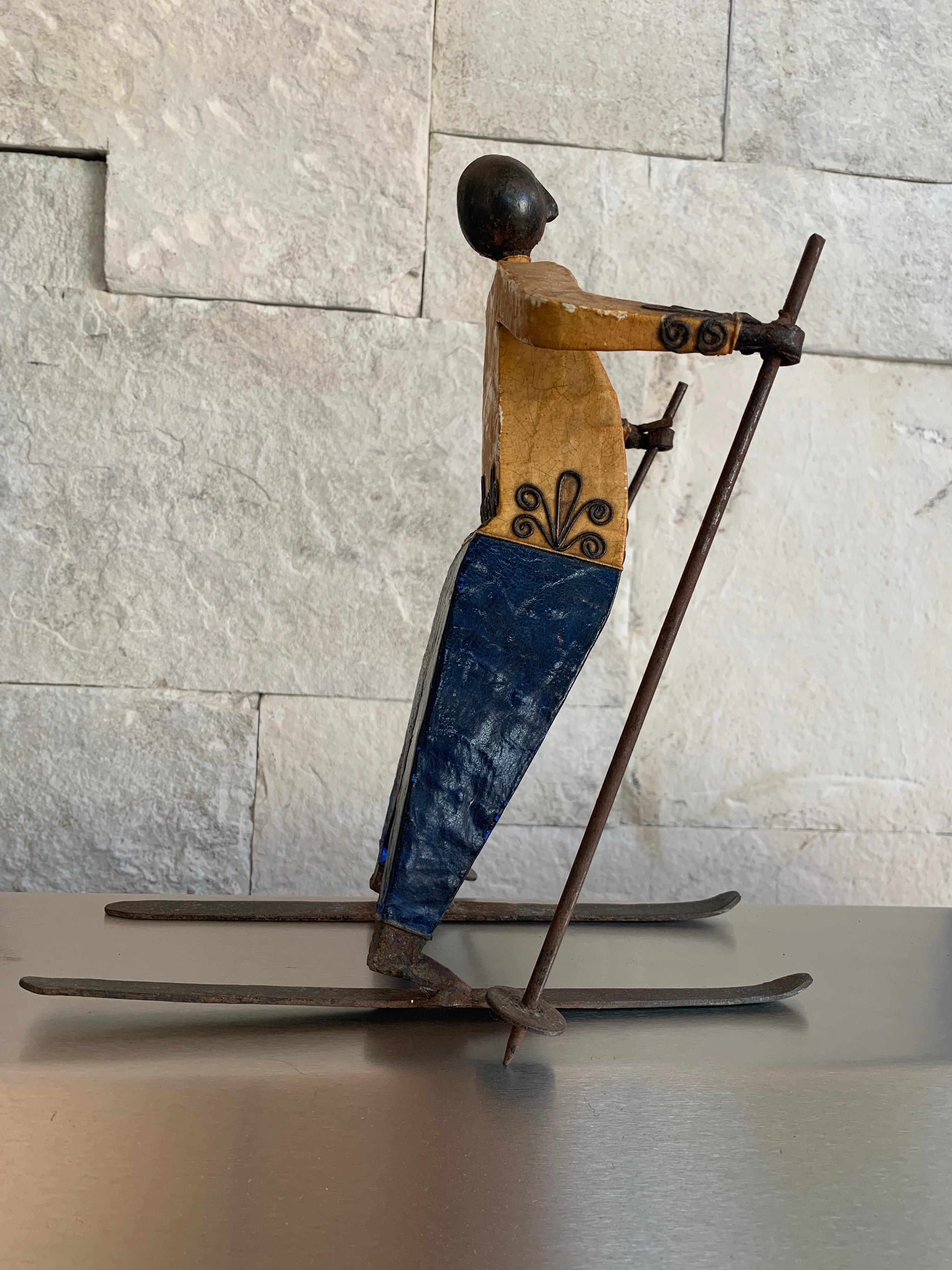 Vintage original painted steel sculpture of a downhill skier by well listed painter and sculptor Manuel Felguérez, very minor wear commensurate with age.