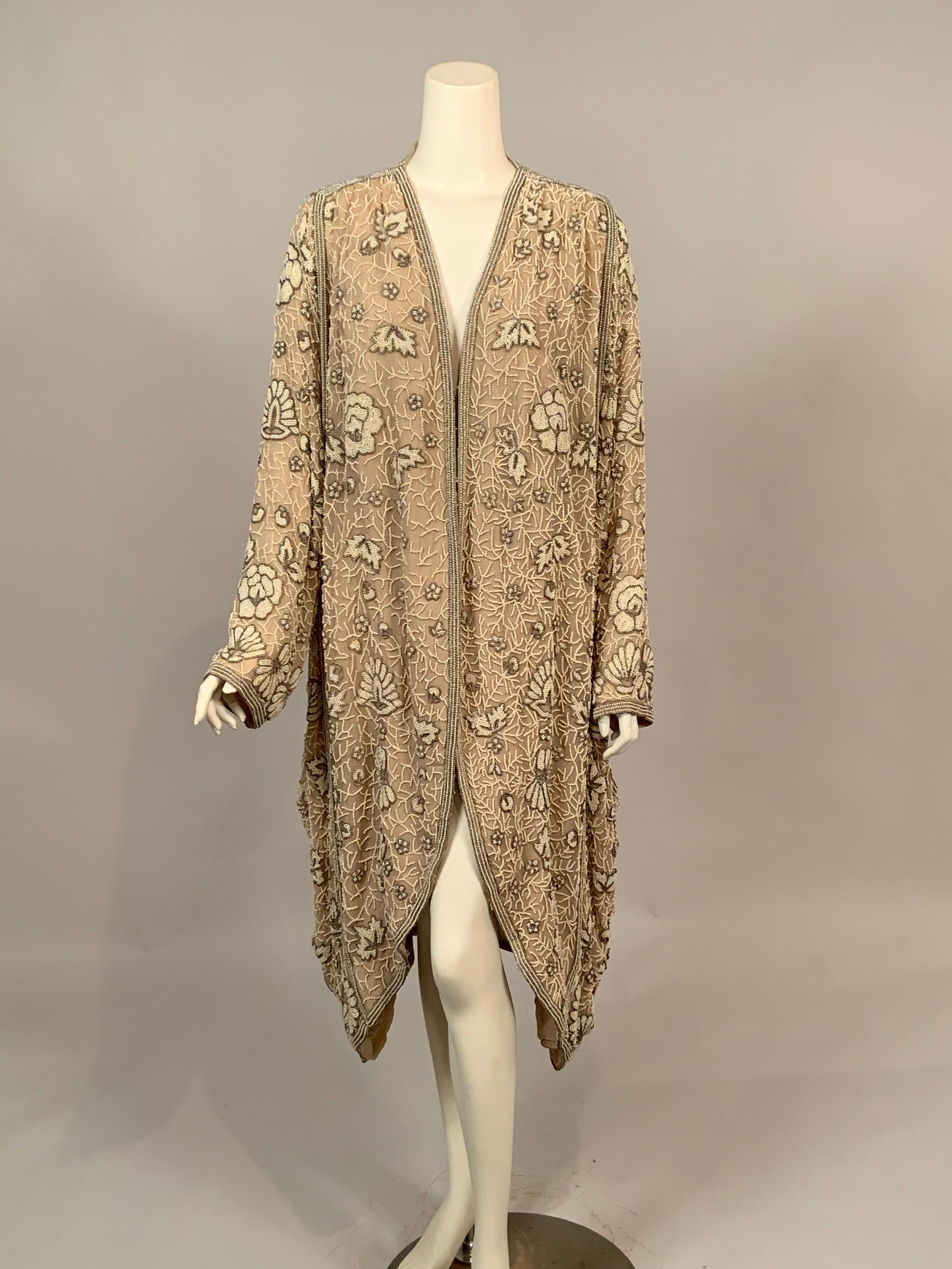 Brown Pearl Beaded Silk Chiffon Evening Coat For Sale