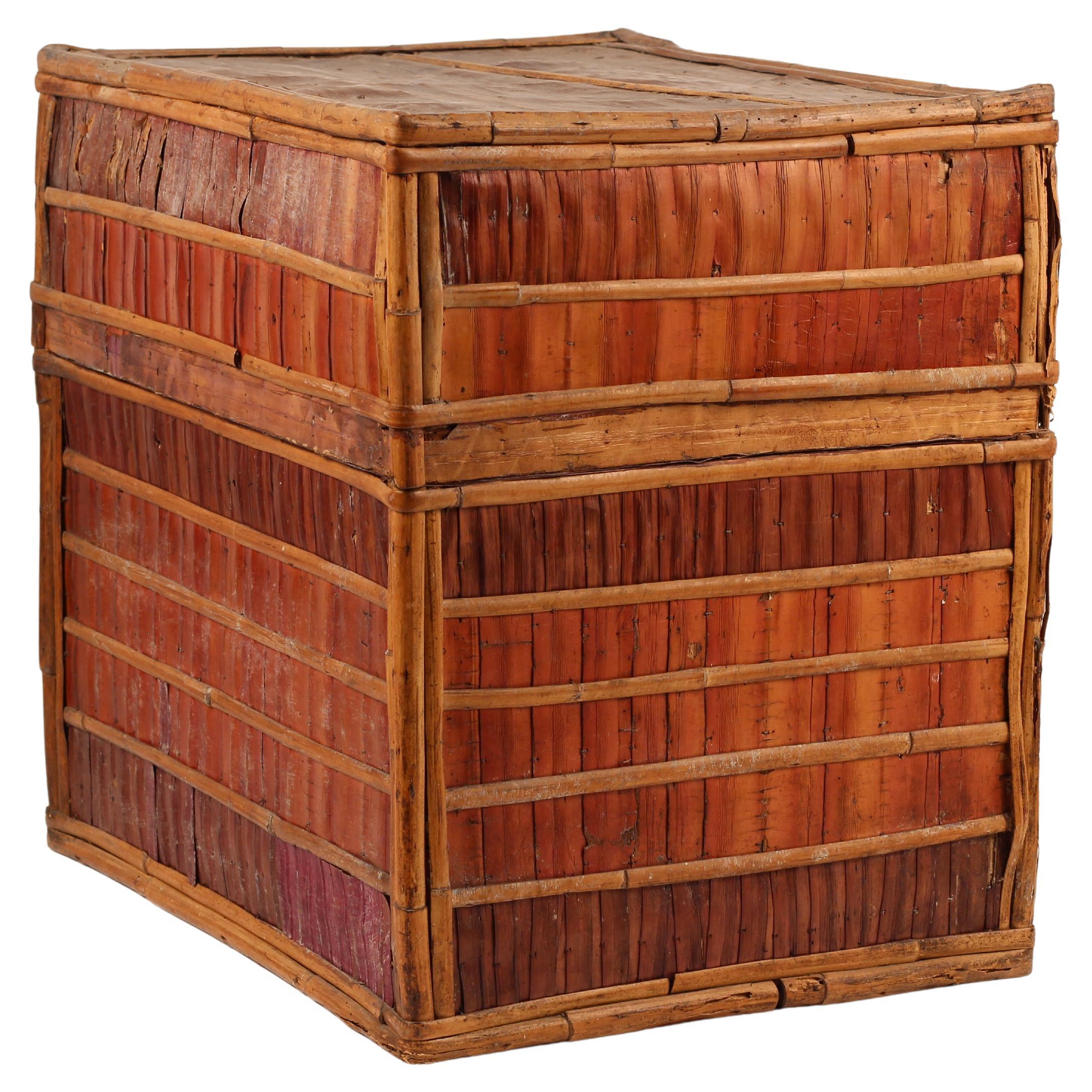 Folk Art Dowry Box, Lombok Indonesia, Cowrie, Painted Palm & Bamboo 1950’s For Sale