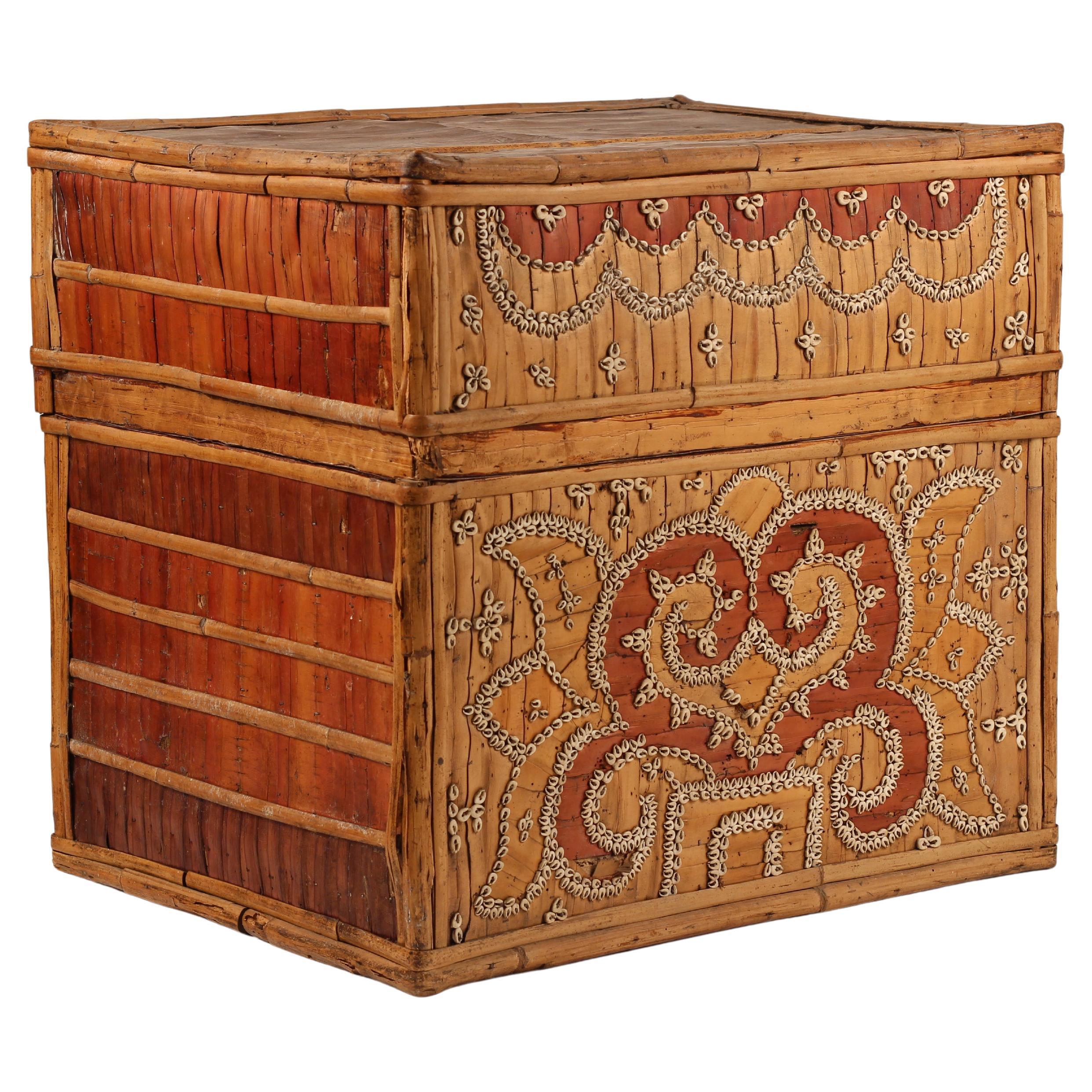Indonesian Dowry Box, Lombok Indonesia, Cowrie, Painted Palm & Bamboo 1950’s For Sale