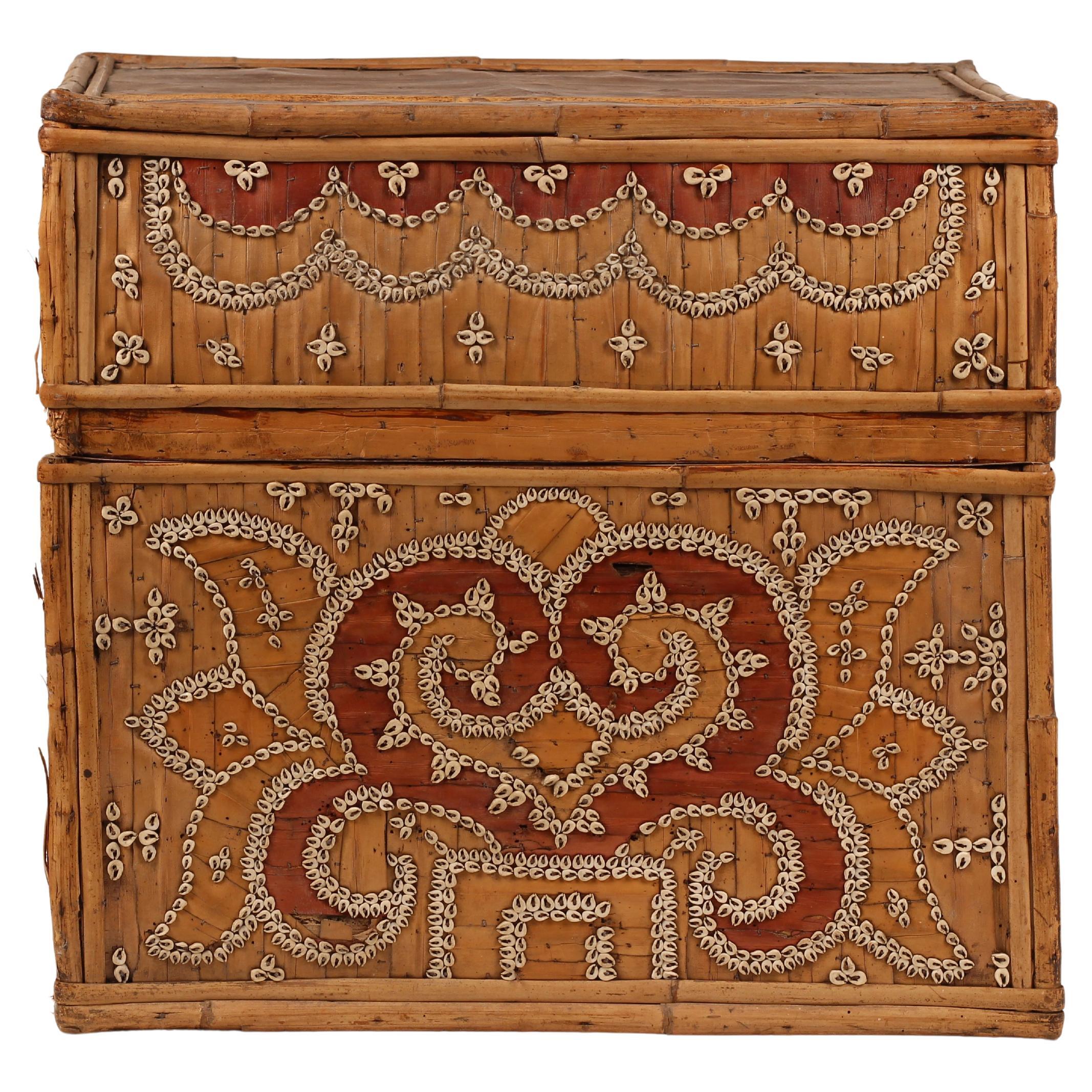 Hand-Crafted Dowry Box, Lombok Indonesia, Cowrie, Painted Palm & Bamboo 1950’s For Sale