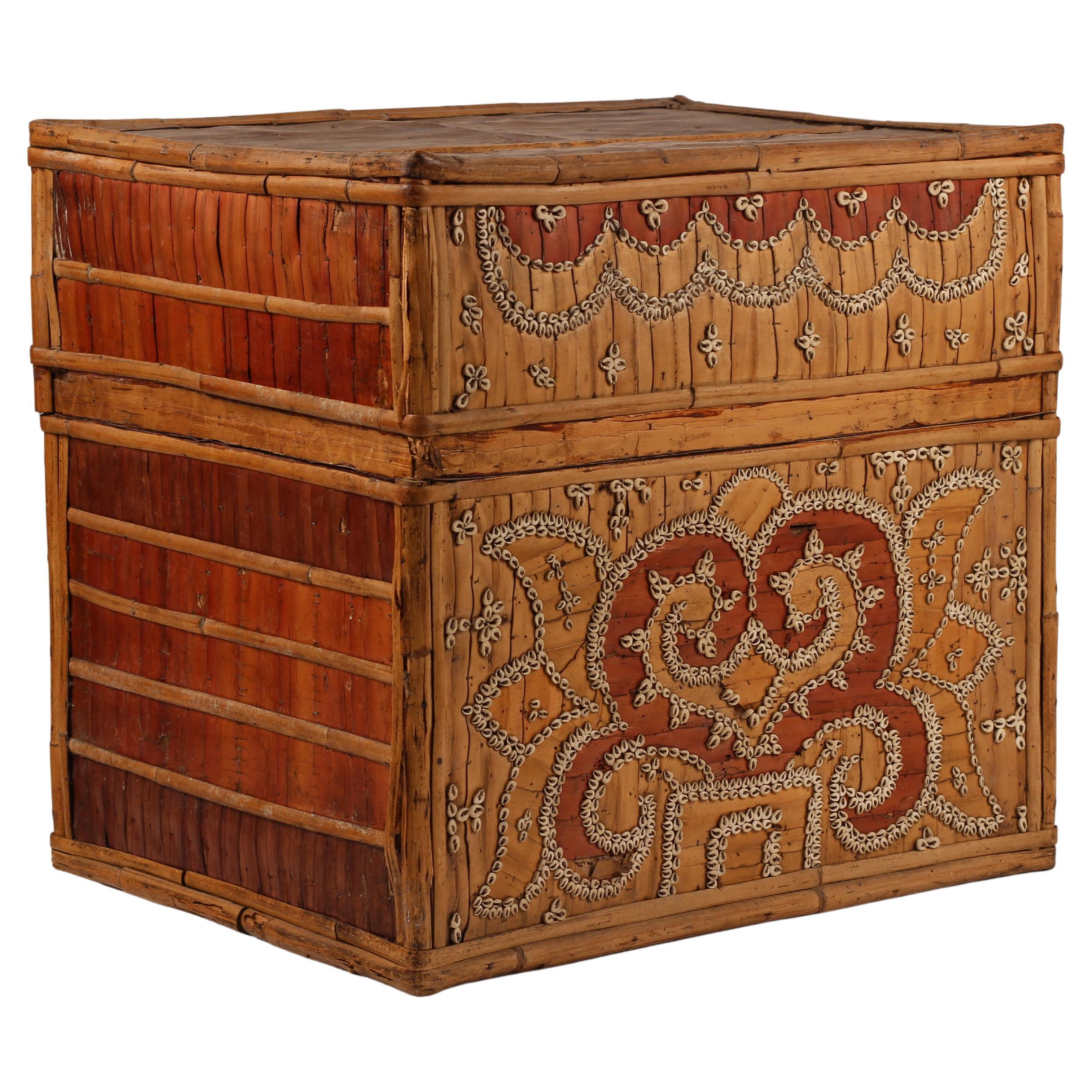 Dowry Box, Lombok Indonesia, Cowrie, Painted Palm & Bamboo 1950’s For Sale 1