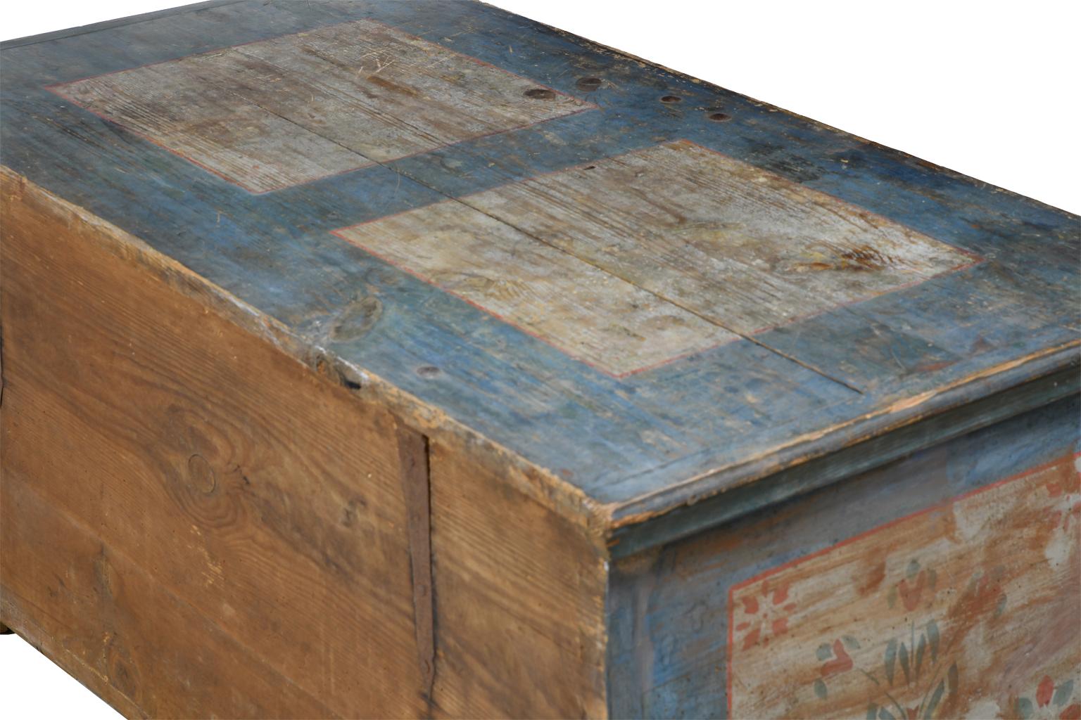 Dowry Chest with Original Blue Paint & Floral Design, Northern Europe circa 1780 2