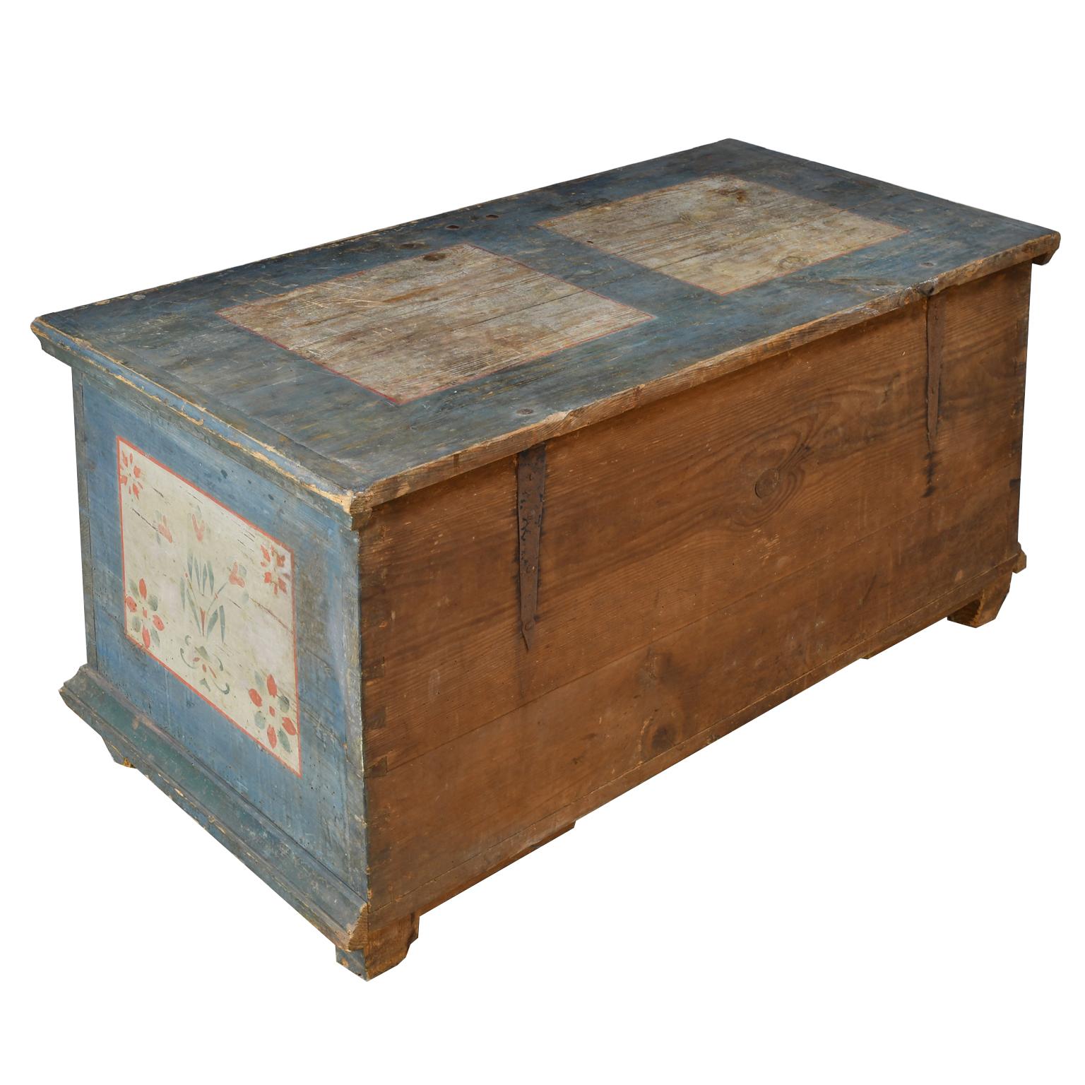 Dowry Chest with Original Blue Paint & Floral Design, Northern Europe circa 1780 5