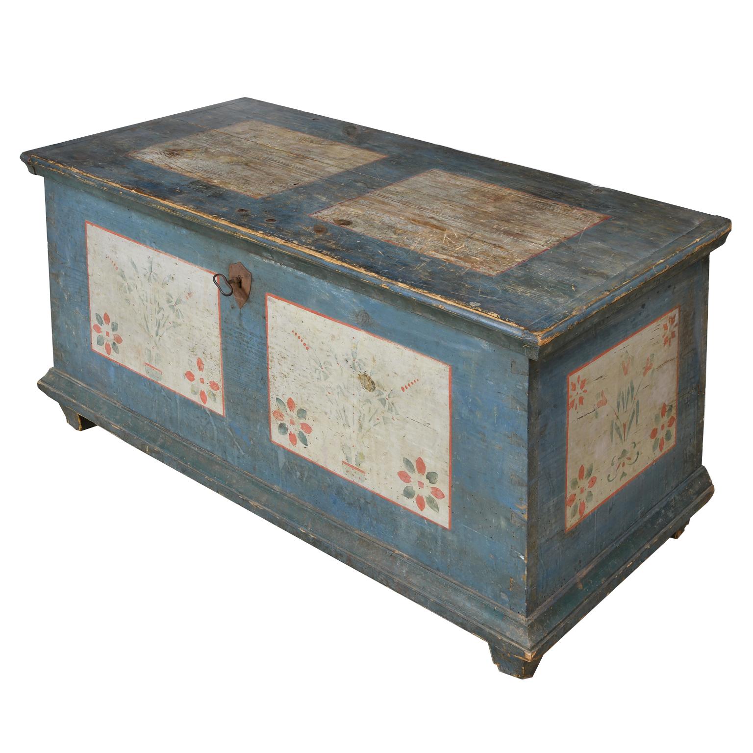 Folk Art Dowry Chest with Original Blue Paint & Floral Design, Northern Europe circa 1780