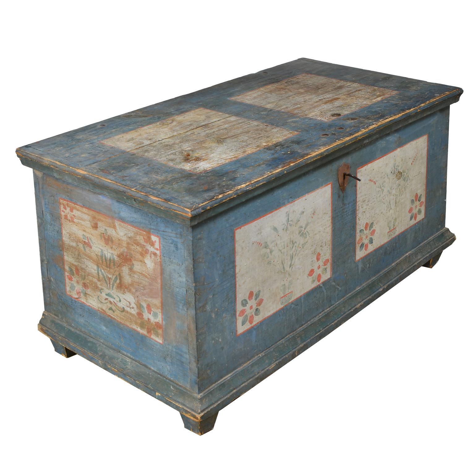 18th Century Dowry Chest with Original Blue Paint & Floral Design, Northern Europe circa 1780