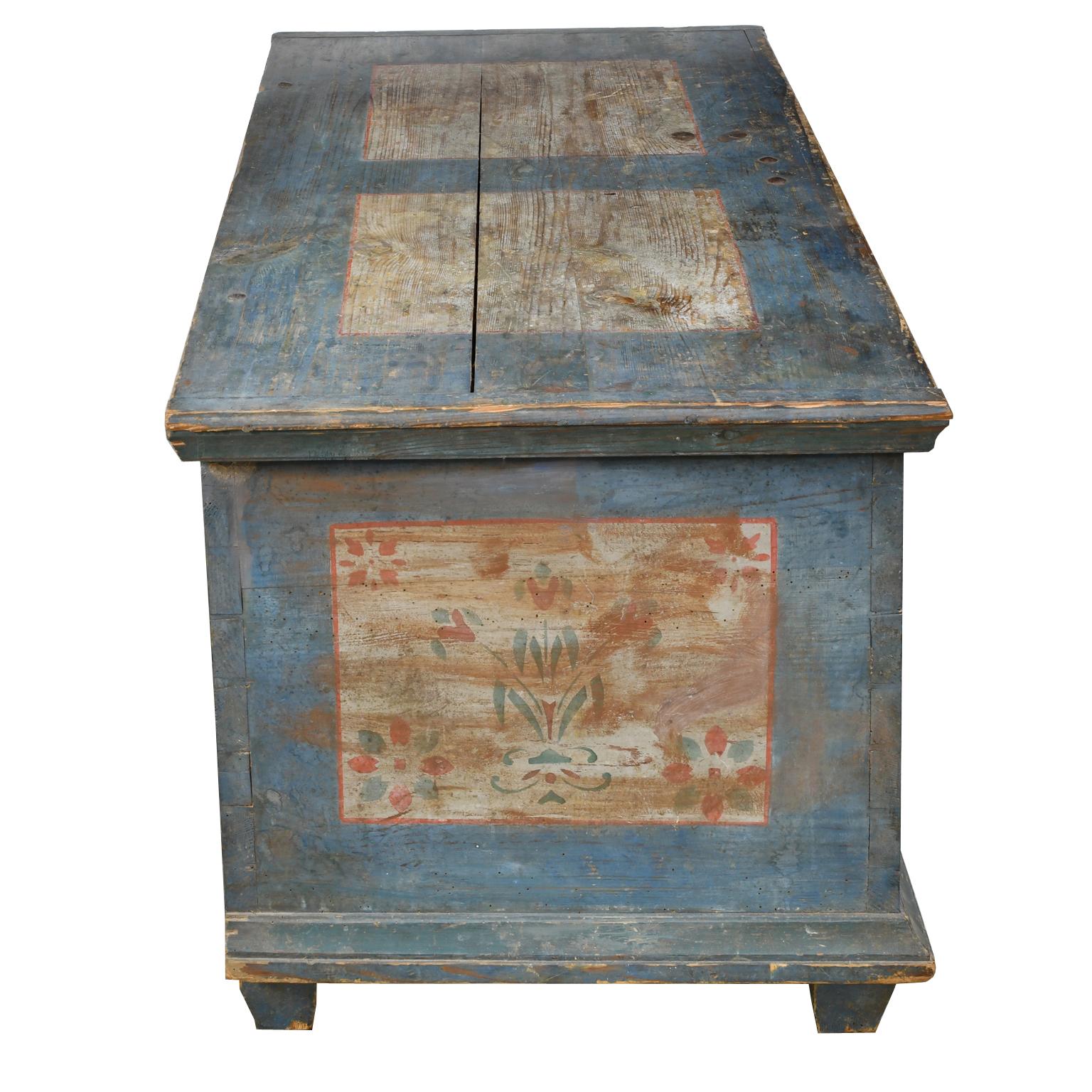 Pine Dowry Chest with Original Blue Paint & Floral Design, Northern Europe circa 1780