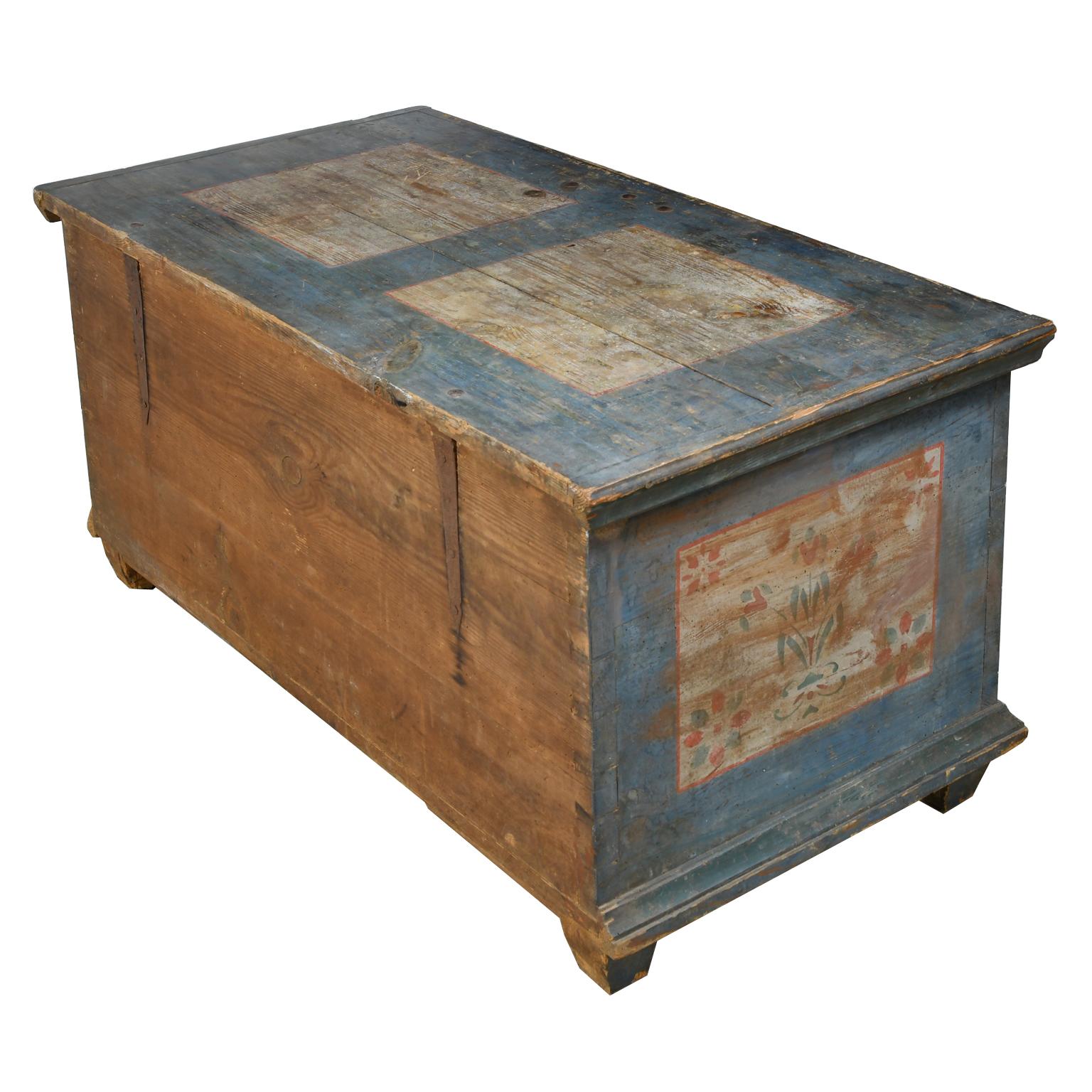 Dowry Chest with Original Blue Paint & Floral Design, Northern Europe circa 1780 1