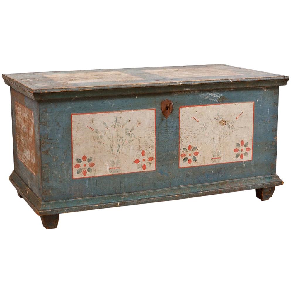 Dowry Chest with Original Blue Paint & Floral Design, Northern Europe circa 1780