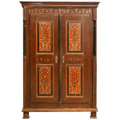 Antique 19th Century Dowry or Wedding Armoire w/ Maroon Paint & Floral Bouquets