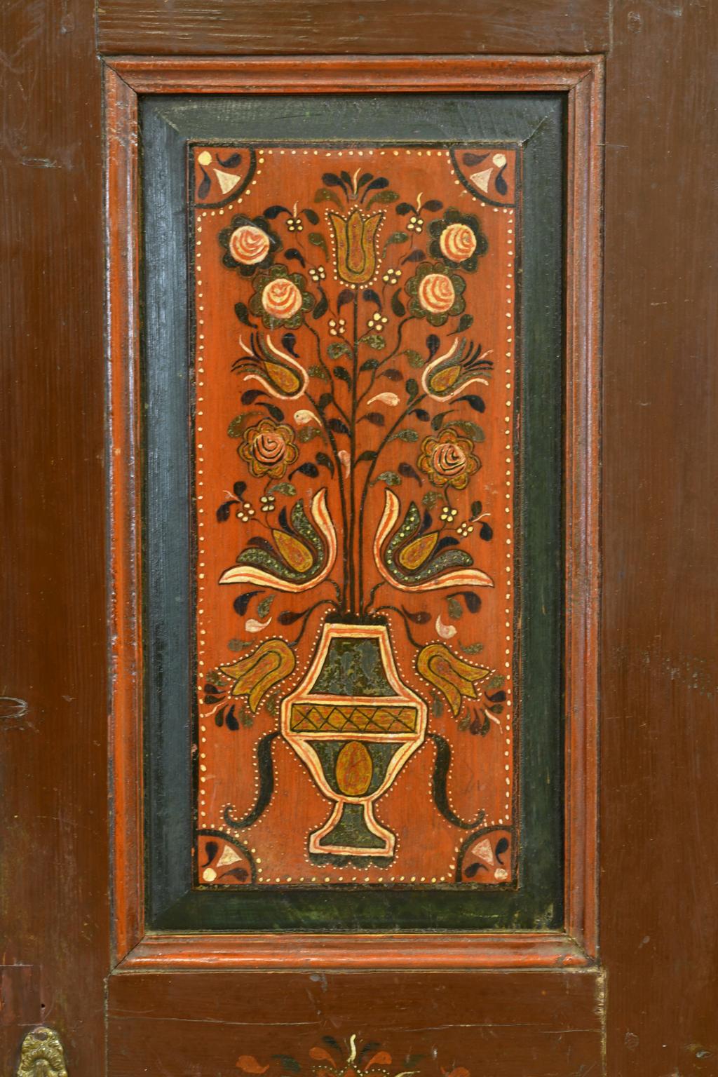 Early 19th Century Antique 19th Century Dowry or Wedding Armoire w/ Maroon Paint & Floral Bouquets