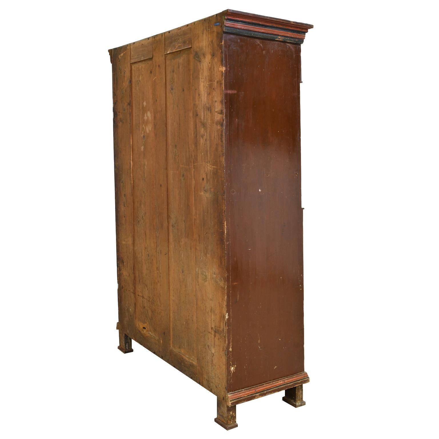 Hand-Crafted Antique 19th Century Dowry or Wedding Armoire w/ Maroon Paint & Floral Bouquets