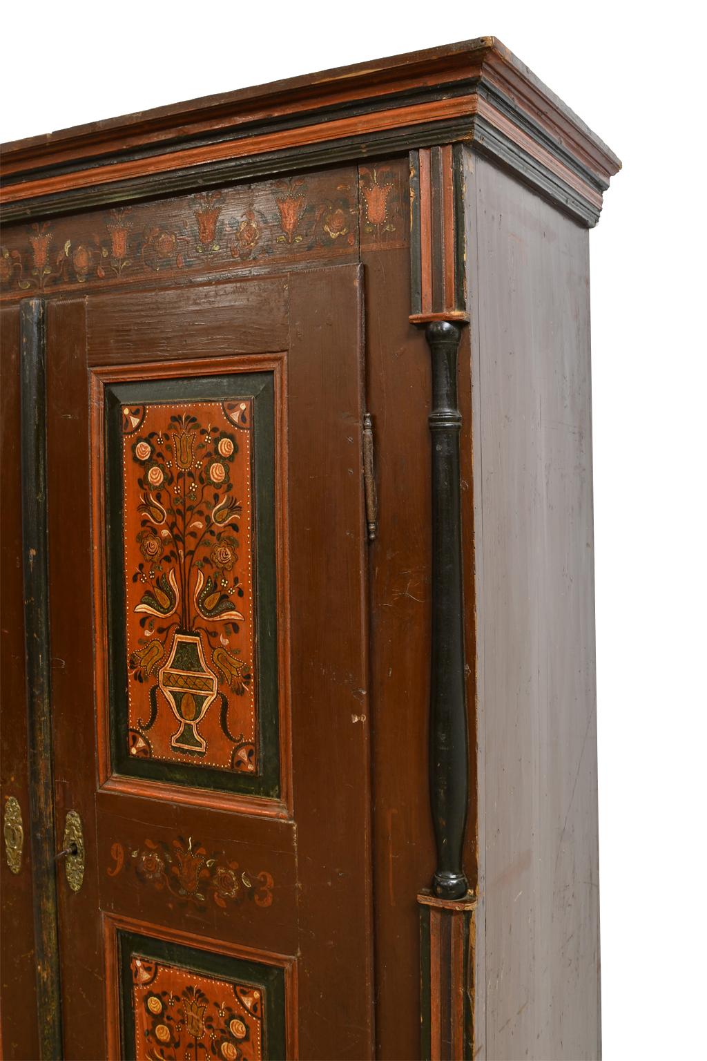 Antique 19th Century Dowry or Wedding Armoire w/ Maroon Paint & Floral Bouquets In Good Condition In Miami, FL