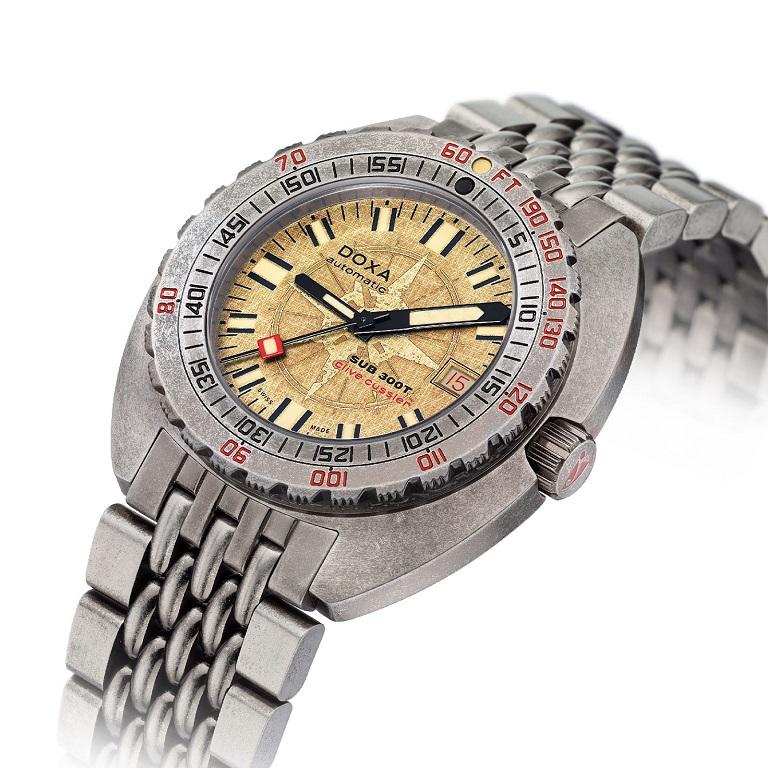 Movement Swiss mechanical automatic Power reserve 3 8 hours Frequency 28,800 vph ( 0 H z) 26 Jewels / Decorated by DOXA Case Stainless steel aged coating Diameter 42.50 mm x 44.50 mm / Height 14 mm Screw down crown Water resistance 120 ATM 1200