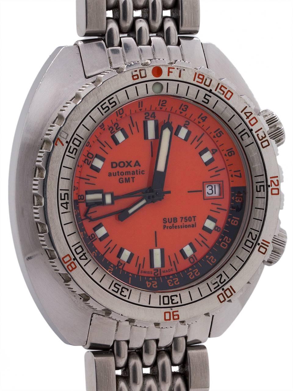 
DOXA Sub 750T GMT with box and papers, circa 2007. This is a very unique model in the famous DOXA family, as it is the only DOXA Sub GMT ever made. In September of 2006 after an online poll where DOXA lovers voted for a GMT, the company responded