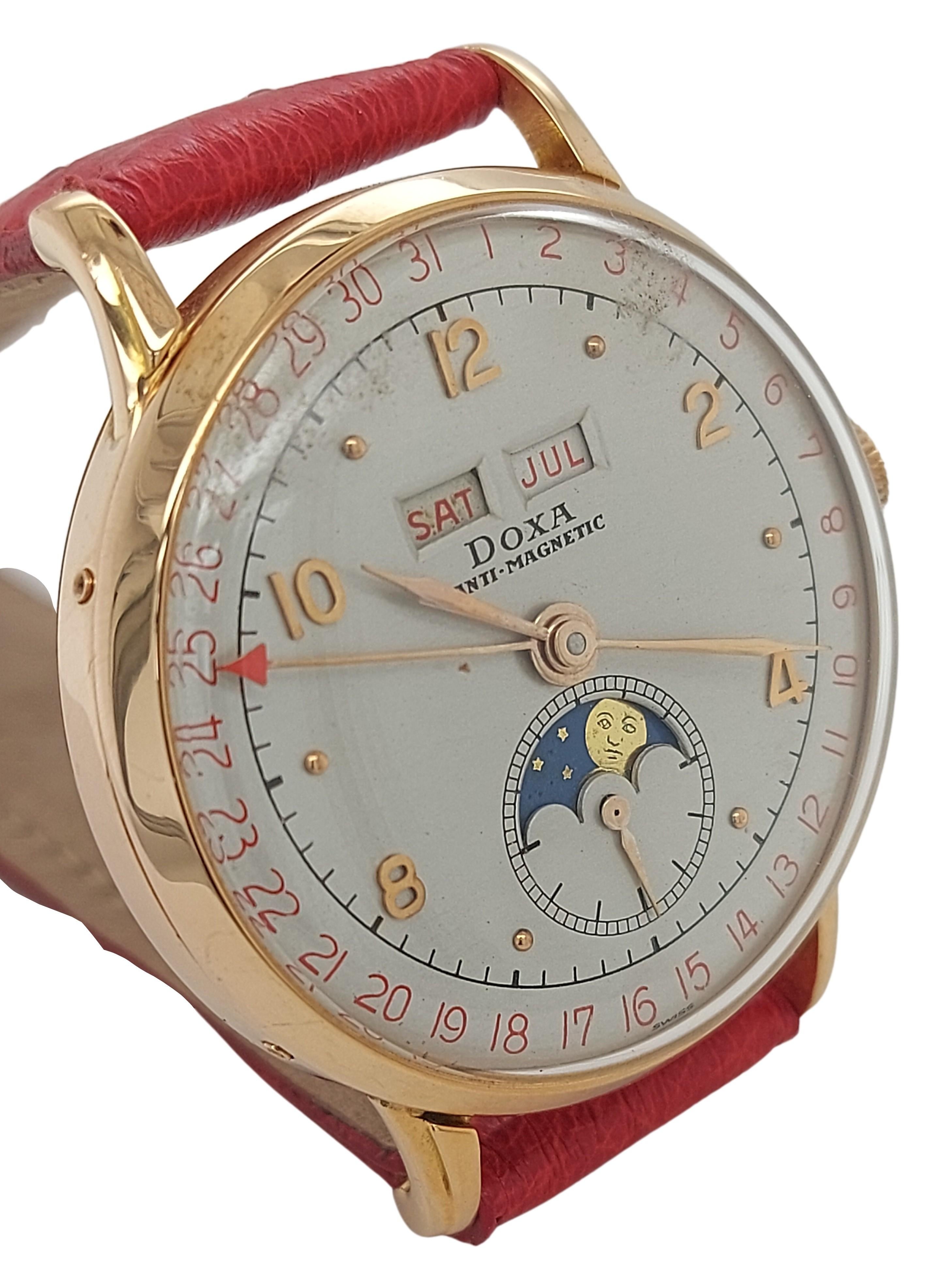 Artisan Doxa Triple Calendar Moon Phase Wrist Watch, 18kt Yellow Gold Case Anti Magnetic For Sale