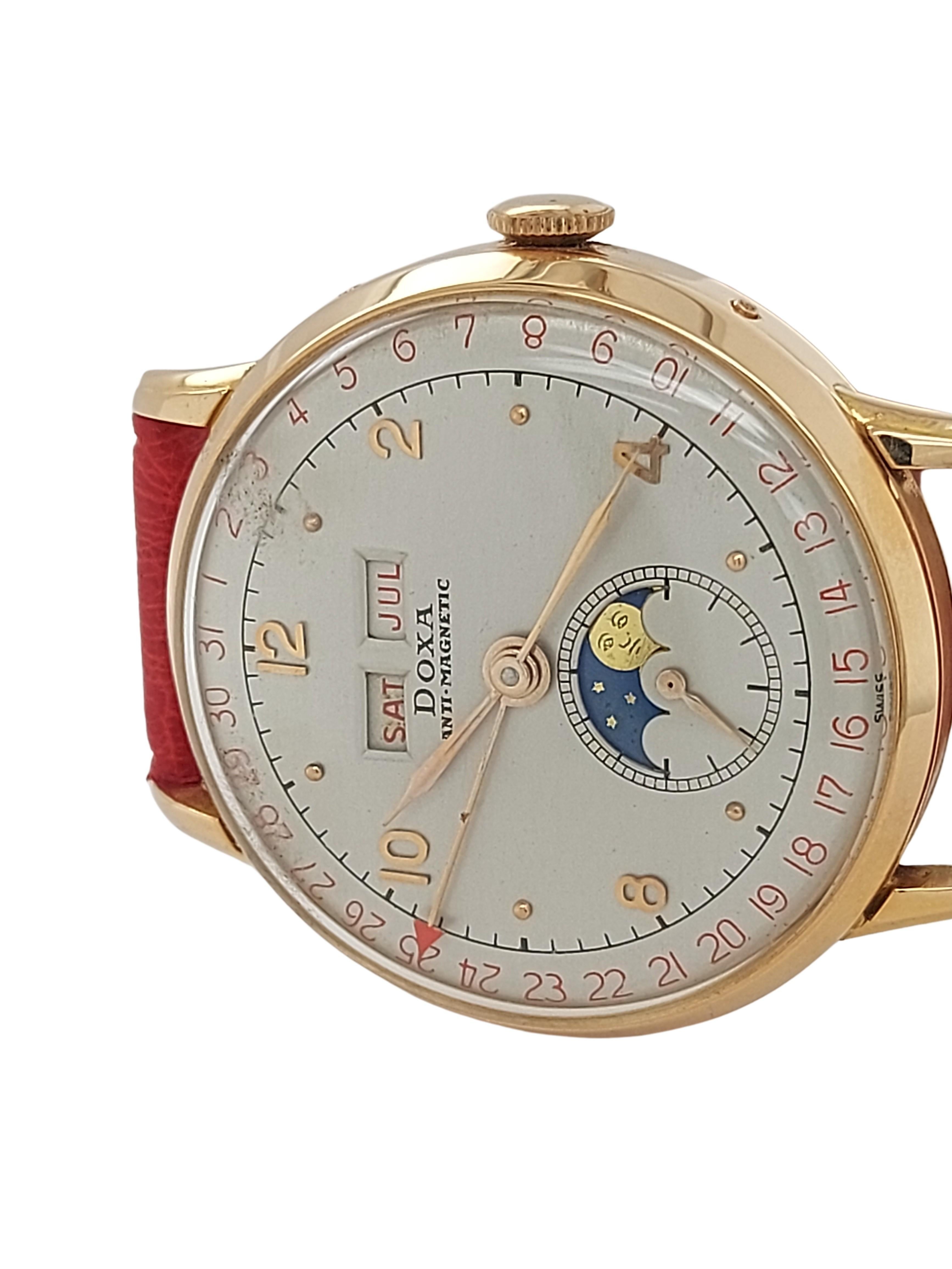 Women's or Men's Doxa Triple Calendar Moon Phase Wrist Watch, 18kt Yellow Gold Case Anti Magnetic For Sale