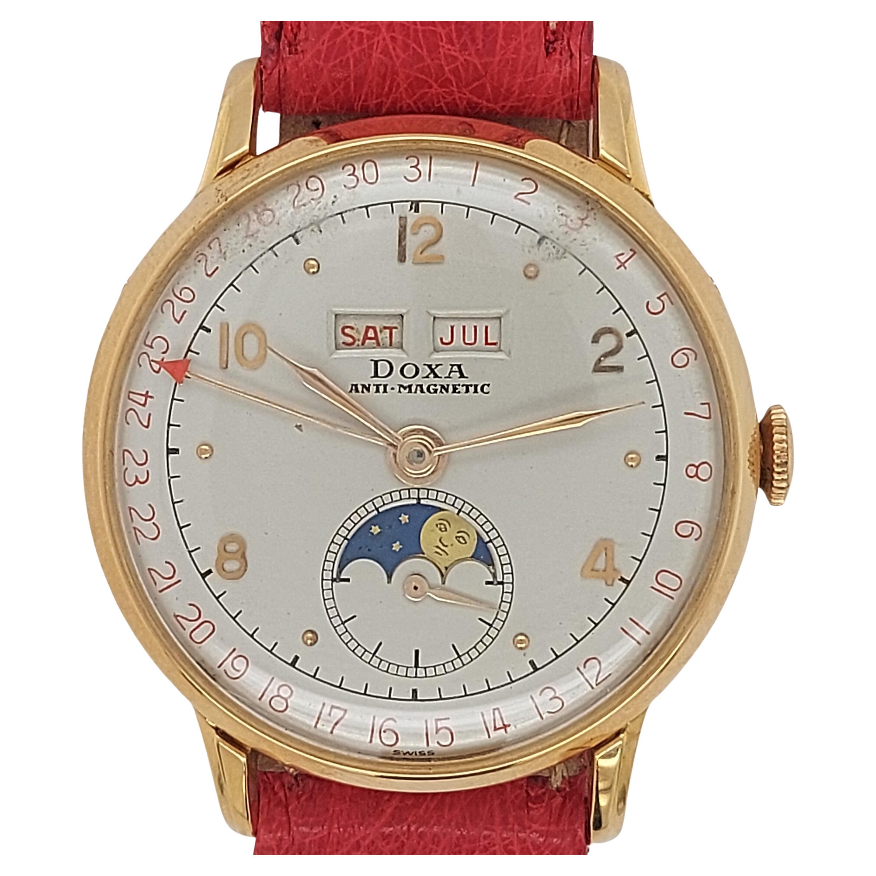 Doxa Triple Calendar Moon Phase Wrist Watch, 18kt Yellow Gold Case Anti Magnetic For Sale