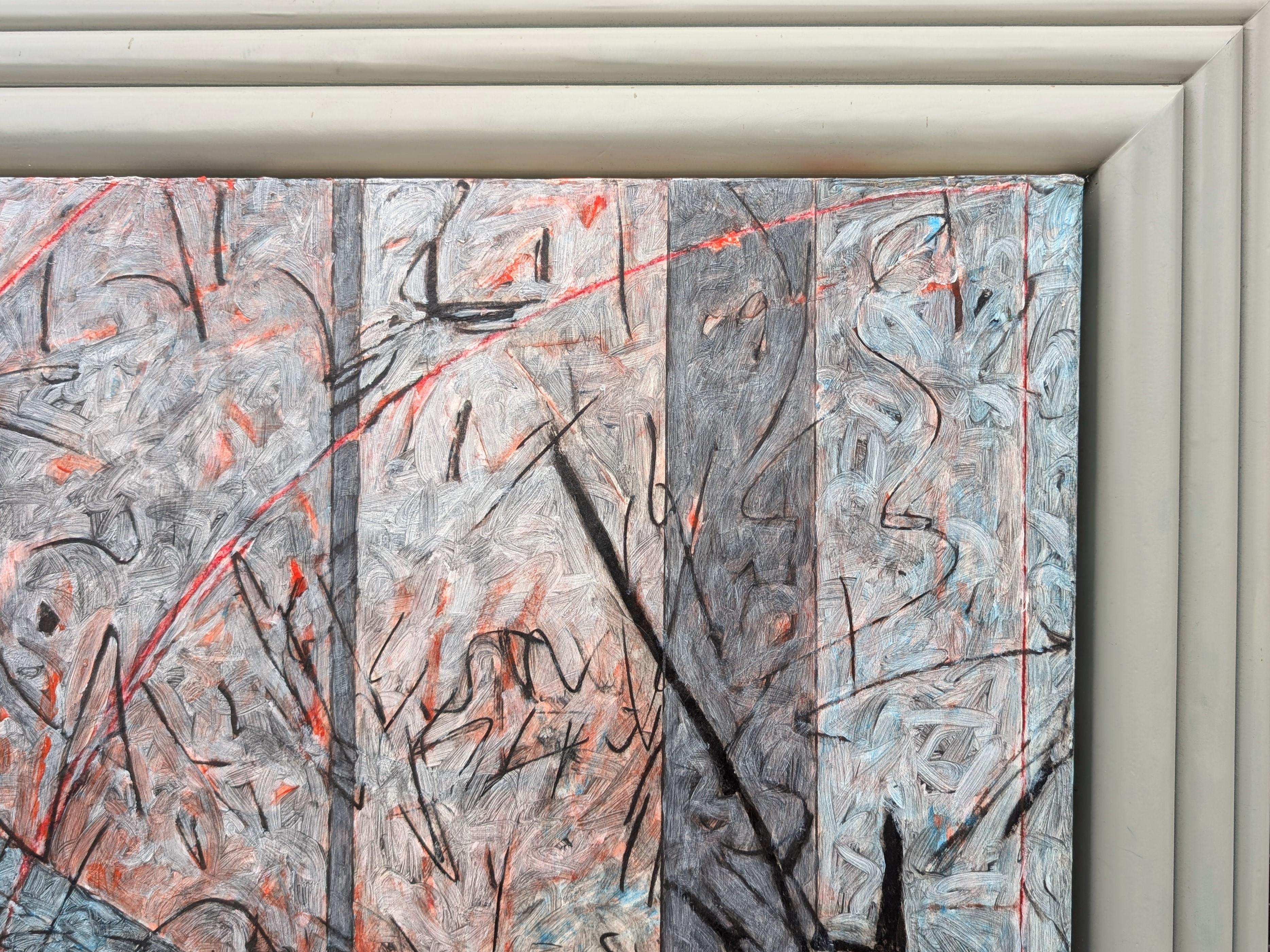Moderno cuadro abstracto expresionista en azul y rojo apagados, obra del artista contemporáneo Doyle Gertjejansen. La obra presenta una vista abstracta y surrealista de un cuadro colgado en una pared, superpuesta con expresivos trazos negros.