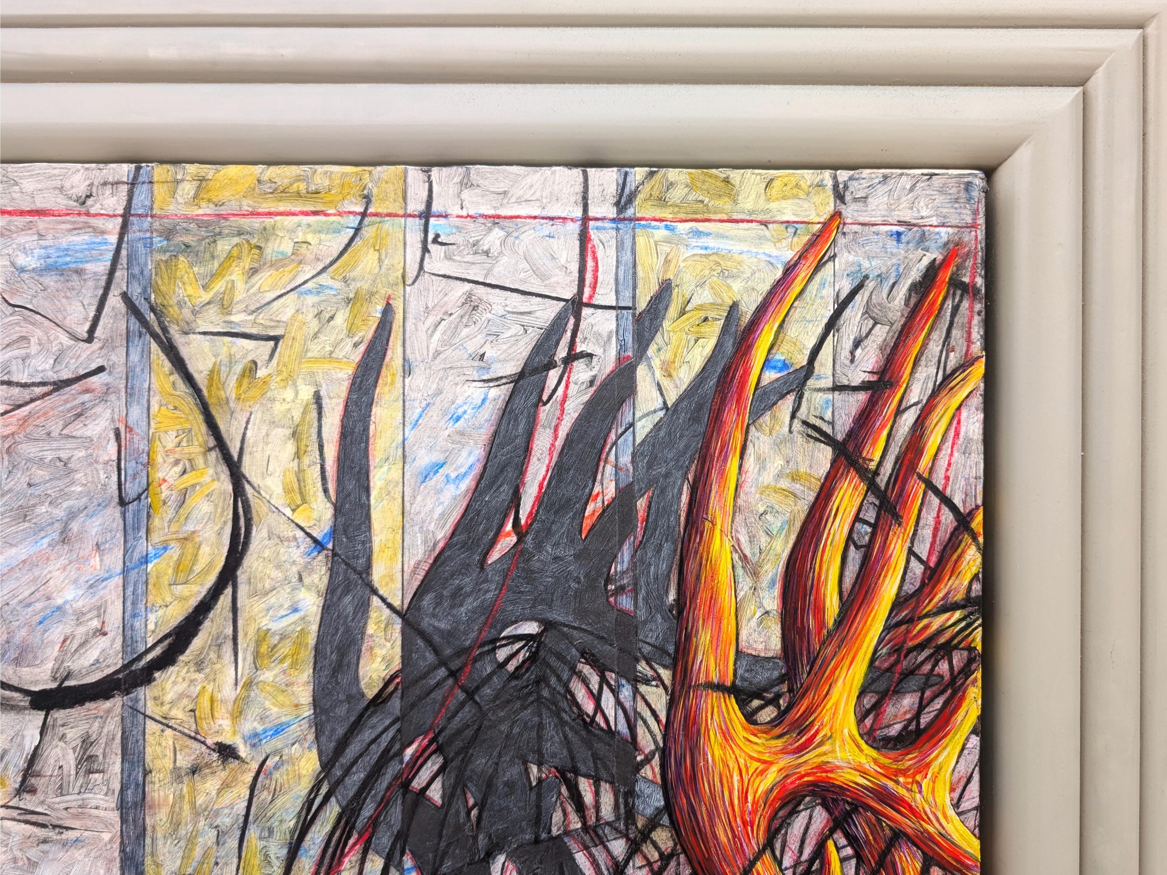 Pintura abstracta expresionista moderna de tonos cálidos del artista contemporáneo Doyle Gertjejansen. La obra presenta una visión abstracta y surrealista de formas orgánicas anaranjadas superpuestas con expresivos trazos negros. Firmado y fechado