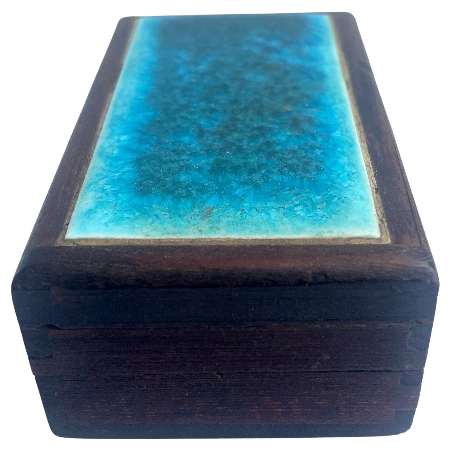 American Doyle Lane Blue Craquelure Tile Set in Hand Made Rosewood Box  For Sale