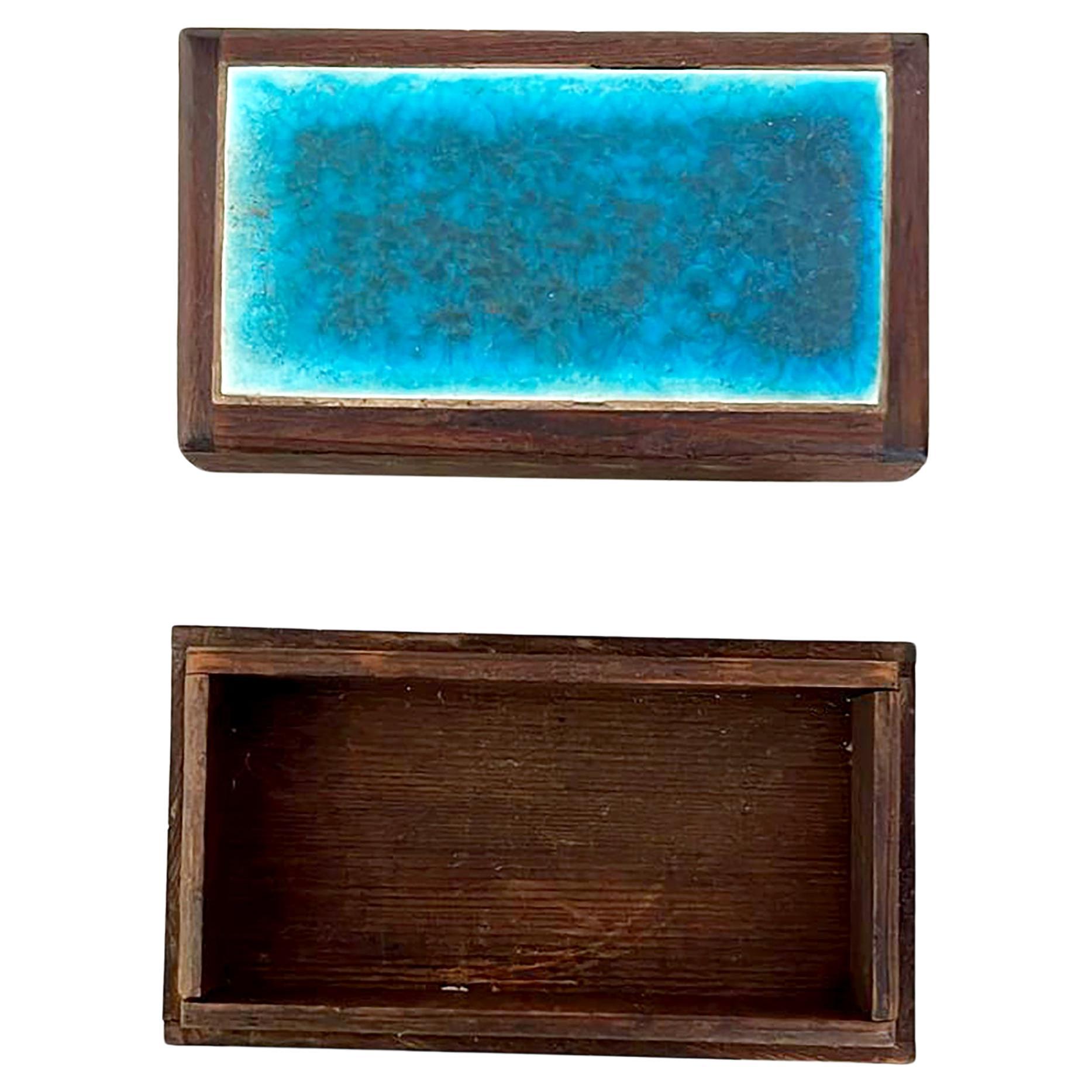 Glazed Doyle Lane Blue Craquelure Tile Set in Hand Made Rosewood Box  For Sale