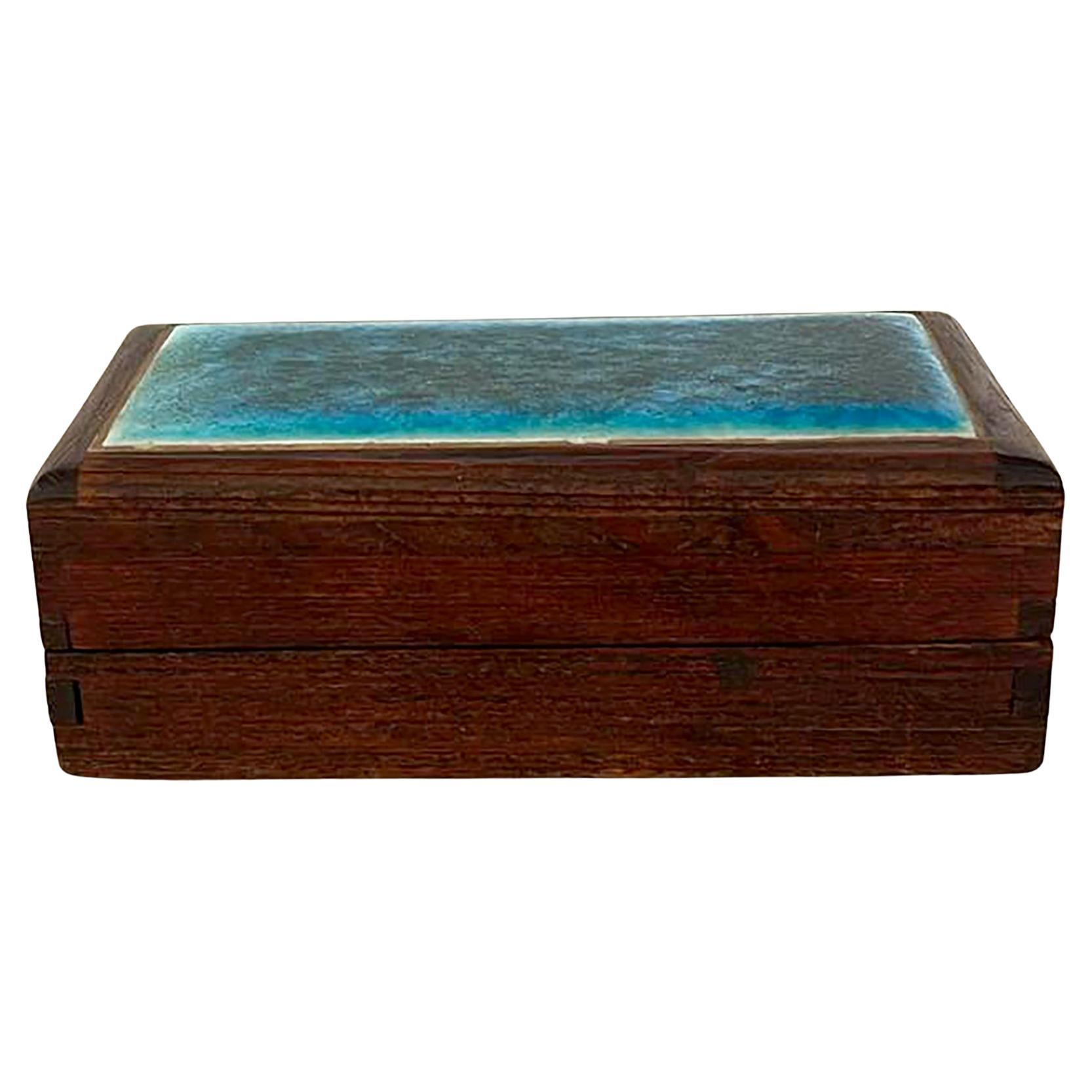 Ceramic Doyle Lane Blue Craquelure Tile Set in Hand Made Rosewood Box  For Sale