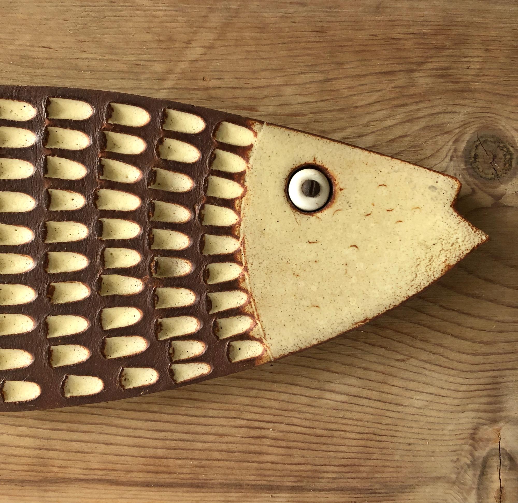 Ceramic fish plaque sculpture created by Doyle Lane of Los Angeles, California. Reclaimed wood plaque measures 7.5