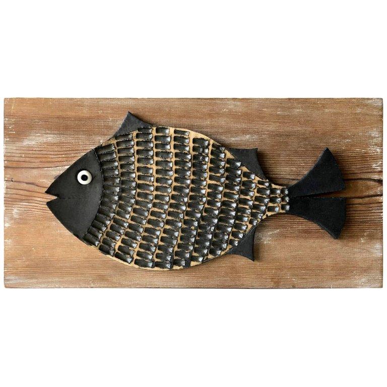 Ceramic fish plaque sculpture created by Doyle Lane of Los Angeles, California. Washed plaque measures 10