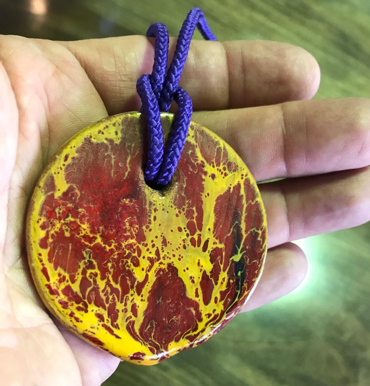 Hand-Crafted Doyle Lane Mid-Century Modern Ceramic Pottery Red Yellow Glaze Textured Pendant