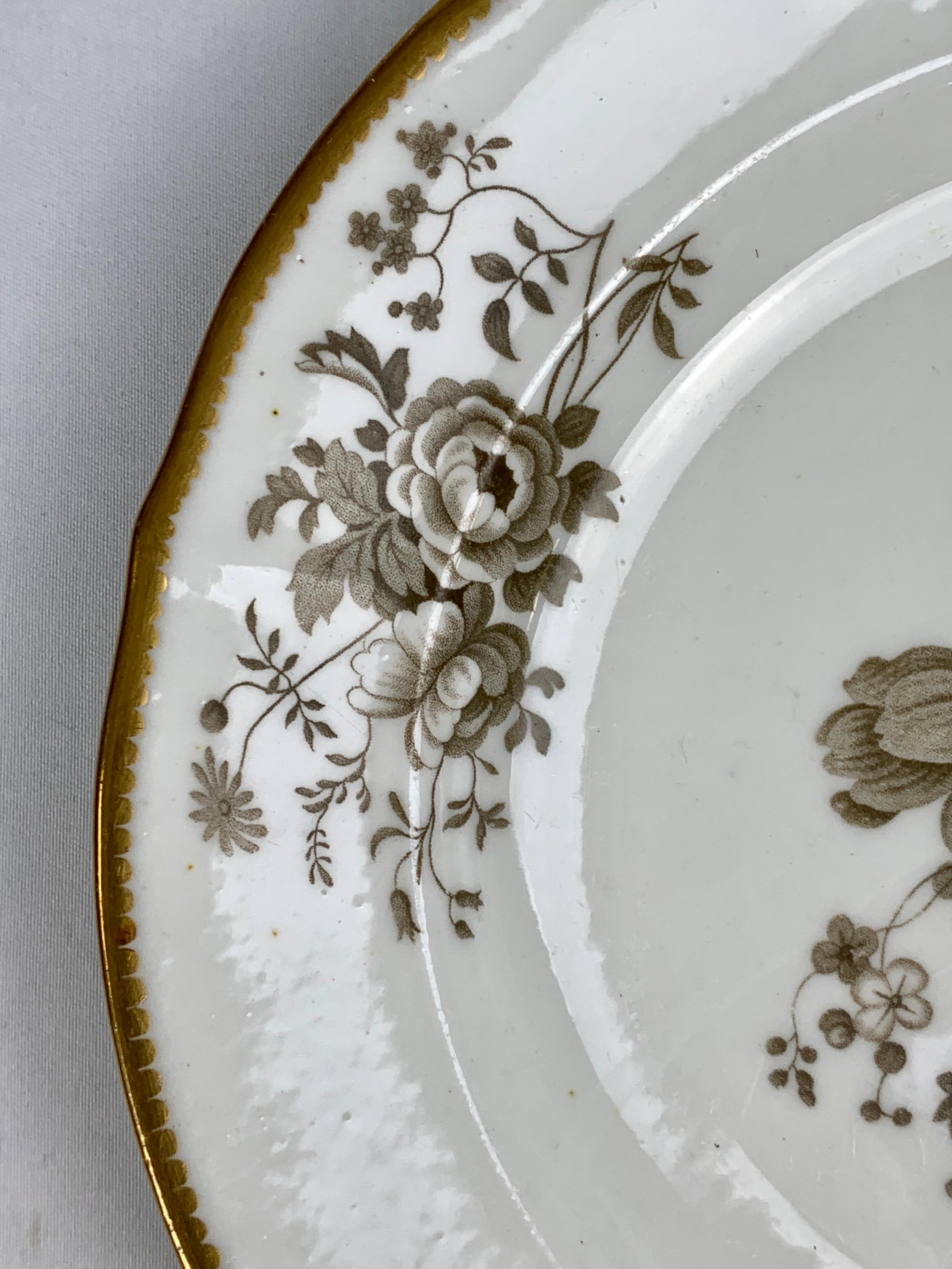 Dozen Antique Porcelain Dessert Plates Grisaille & Gold England, circa 1835 2