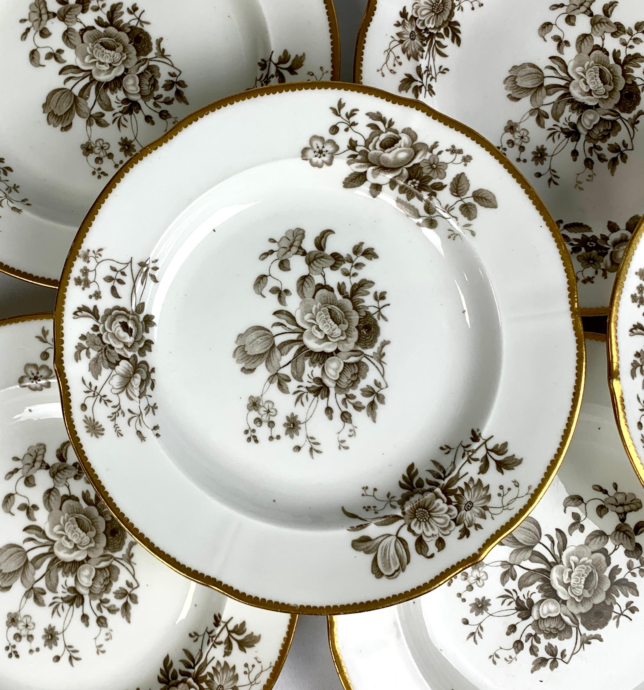Romantic Dozen Antique Porcelain Dessert Plates Grisaille & Gold England, circa 1835
