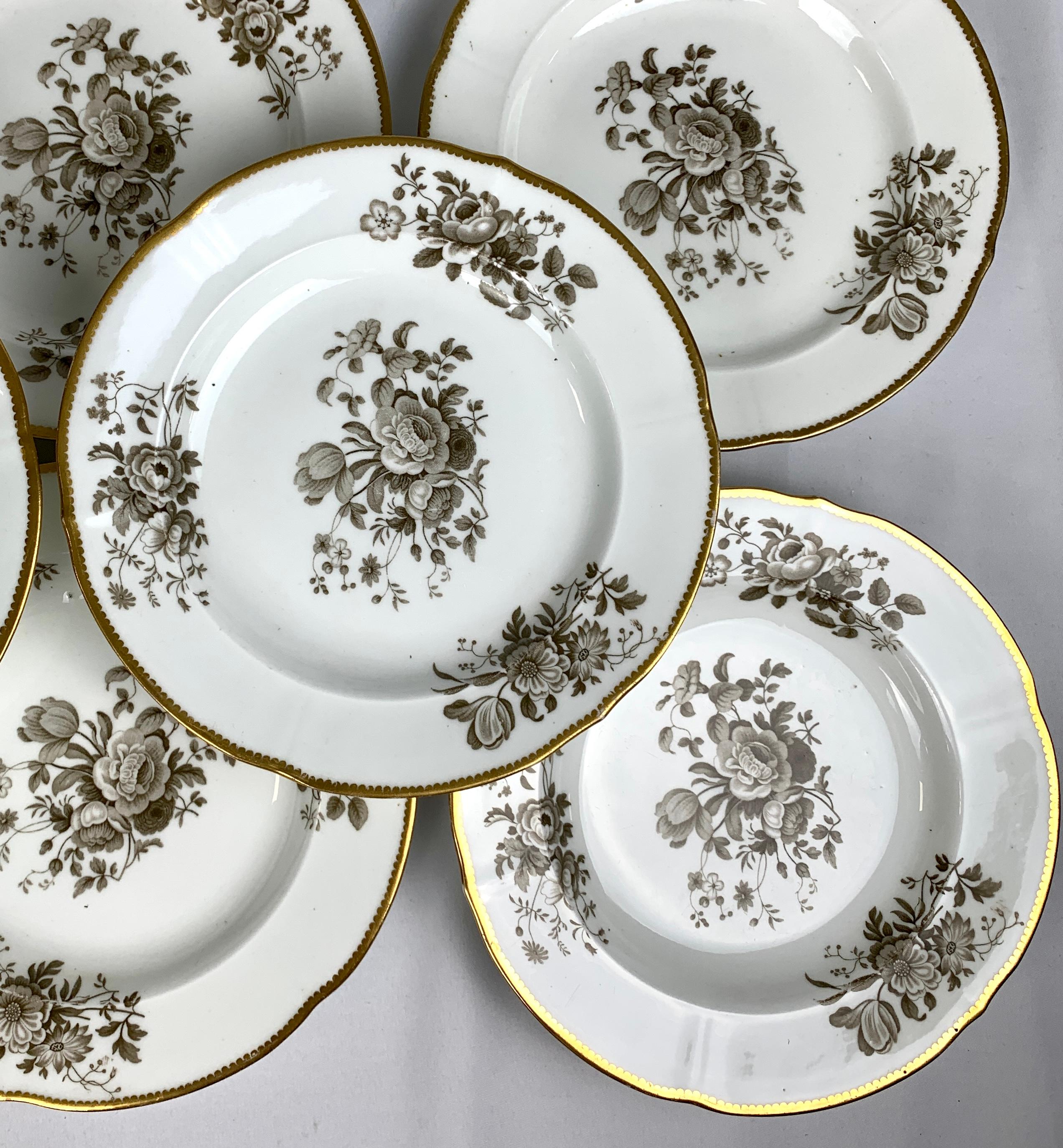 English Dozen Antique Porcelain Dessert Plates Grisaille & Gold England, circa 1835