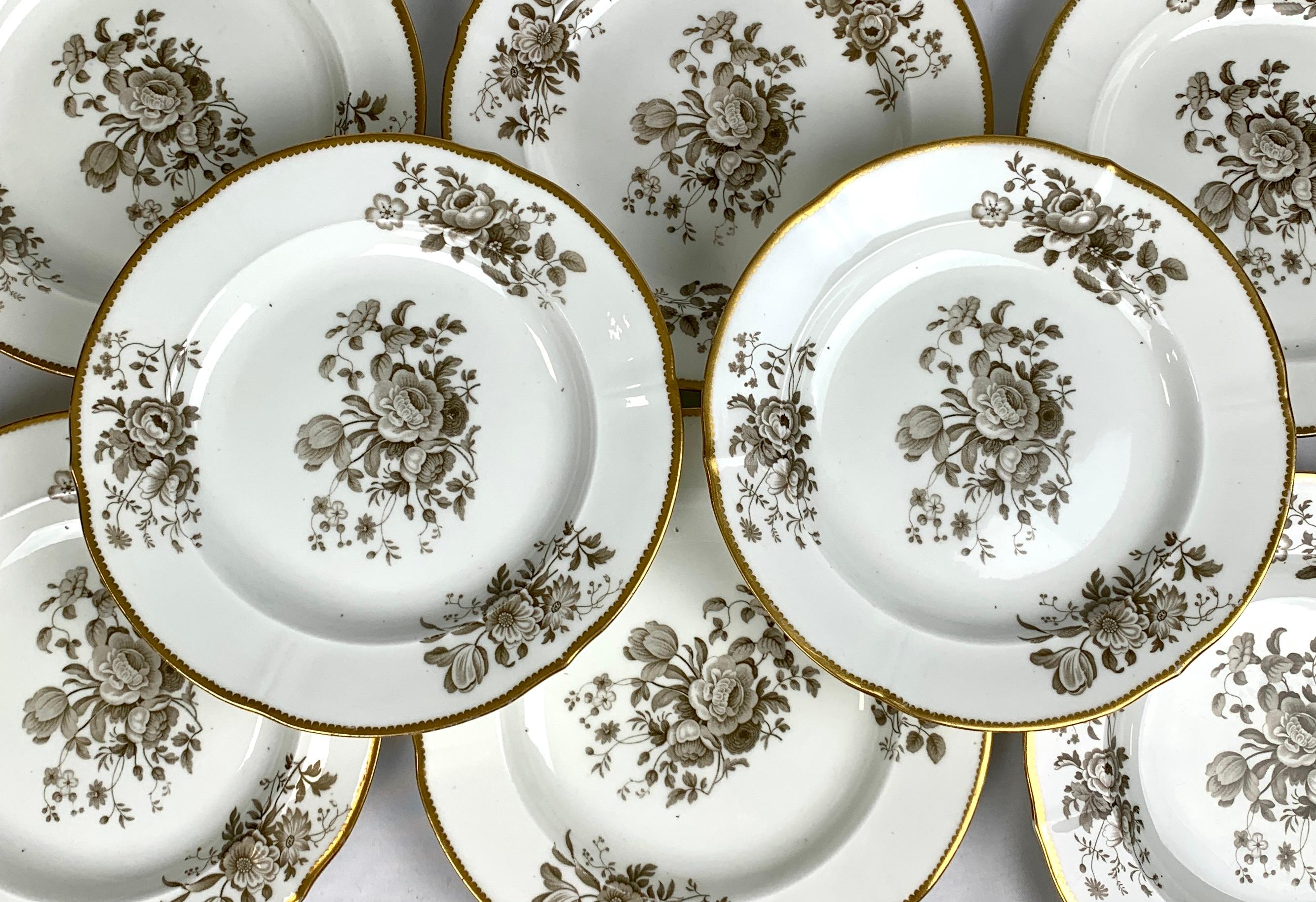 Dozen Antique Porcelain Dessert Plates Grisaille & Gold England, circa 1835 In Excellent Condition In Katonah, NY