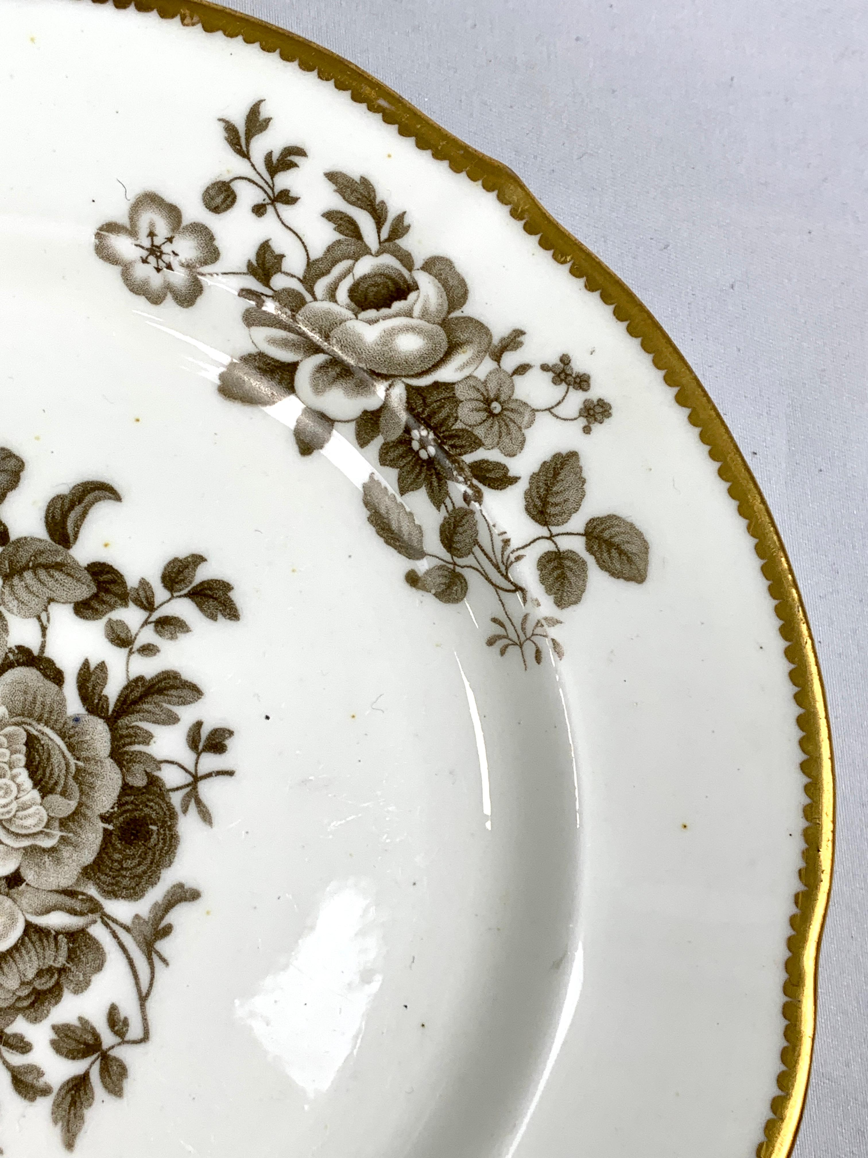 Mid-19th Century Dozen Antique Porcelain Dessert Plates Grisaille & Gold England, circa 1835