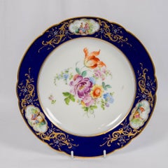 Dozen Dresden China Dinner Dishes with Flowers and Deep Blue Borders