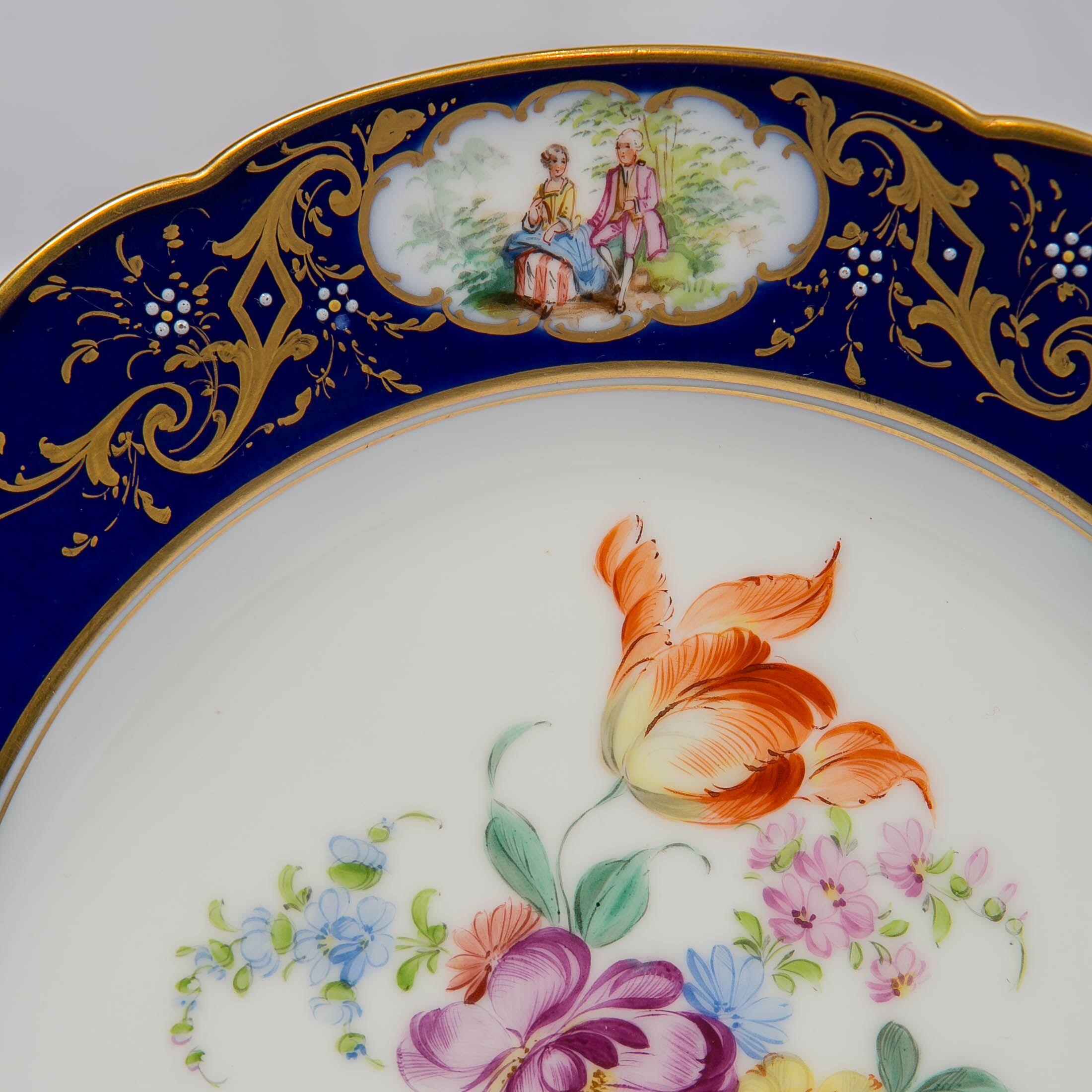 German Dozen Dresden China Dinner Dishes with Flowers and Deep Blue Borders