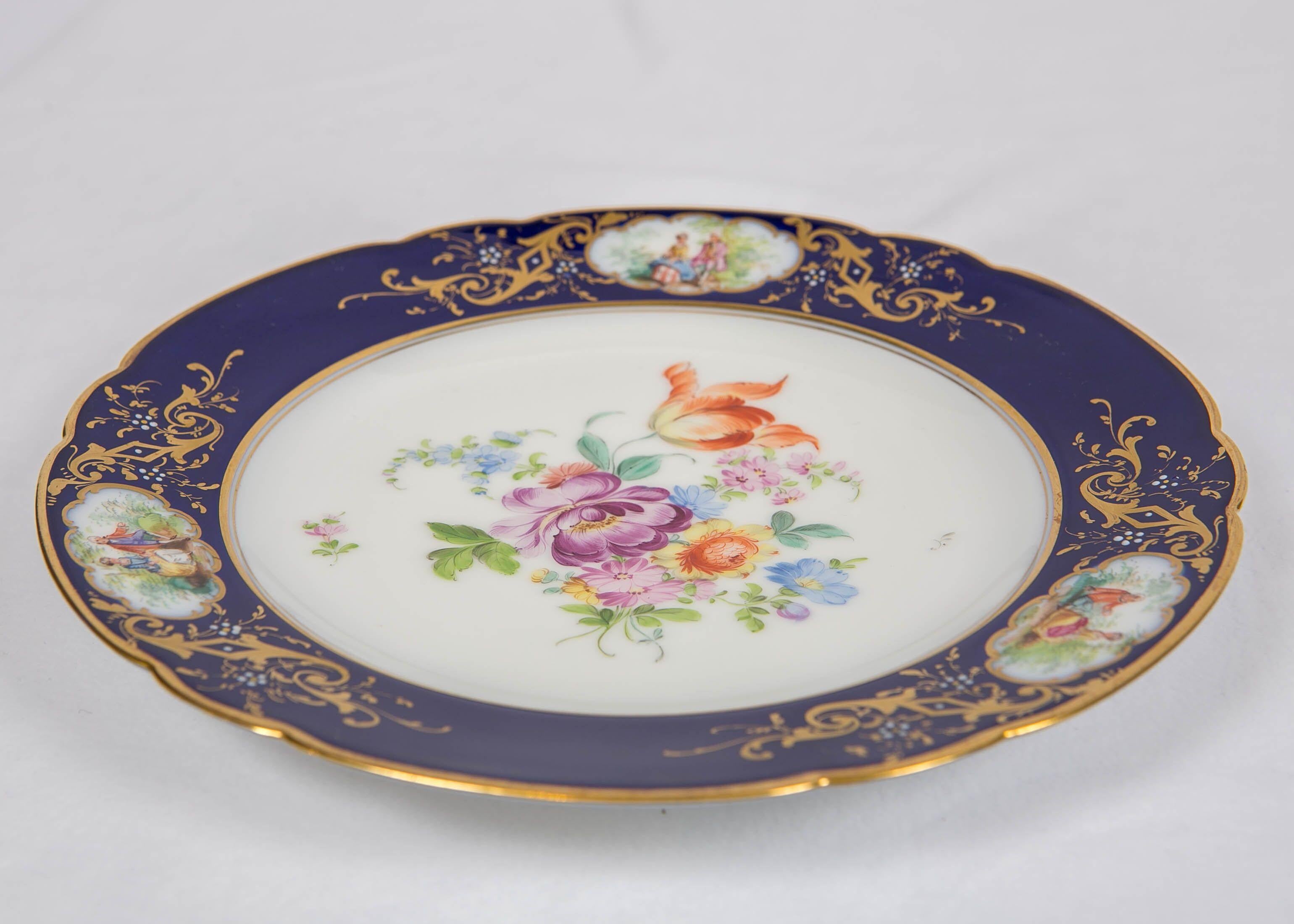 Dozen Dresden China Dinner Dishes with Flowers and Deep Blue Borders In Excellent Condition In Katonah, NY