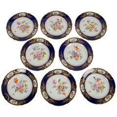 Dozen Dresden China Dinner Dishes with Flowers and Deep Blue Borders