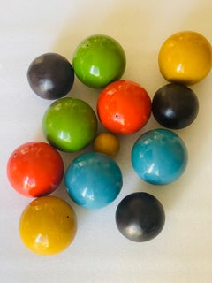 Dozen Polychrome Wood Carpet Balls Mid Century